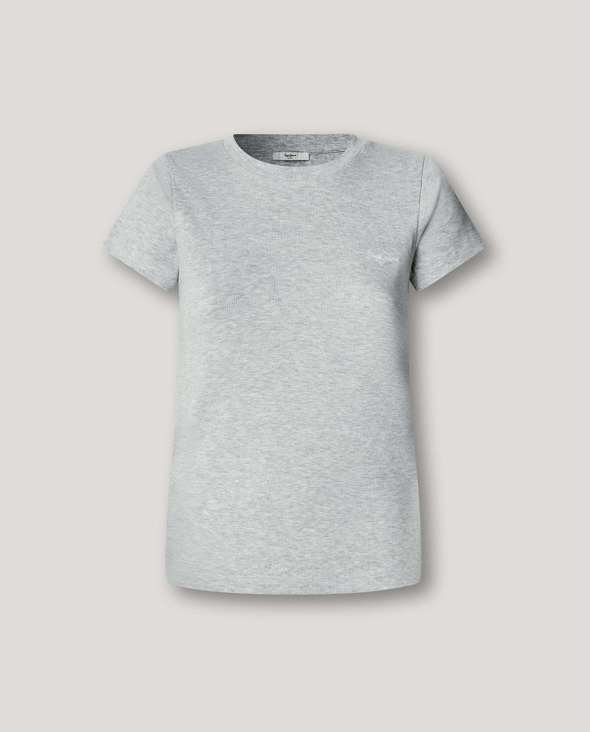 Camiseta de mujer canalé logo bordado - Pepe Jeans - Gris Gris-11