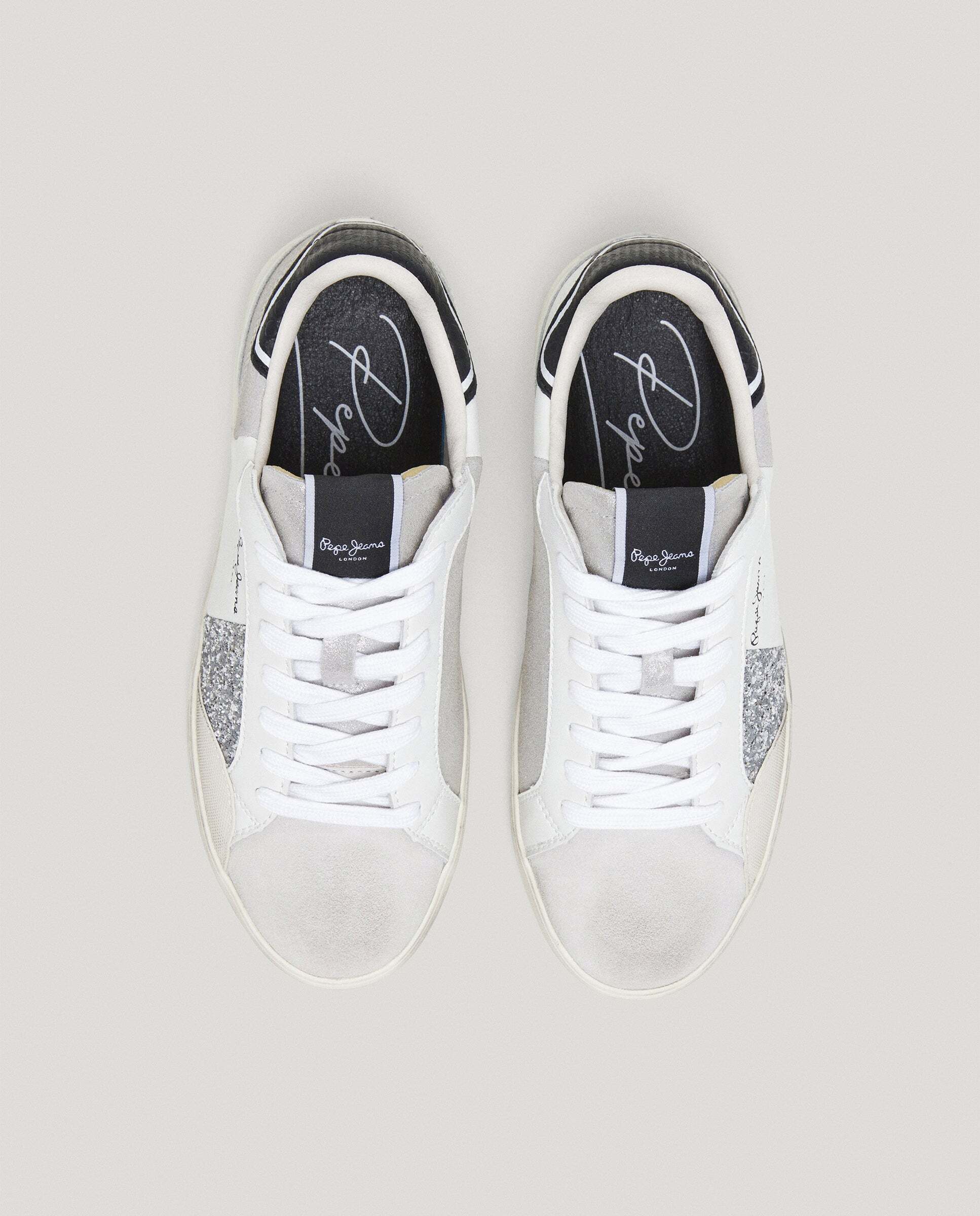 Lane - Pepe Jeans - zapatillas piel con detalles glitter - Plata Plata-2