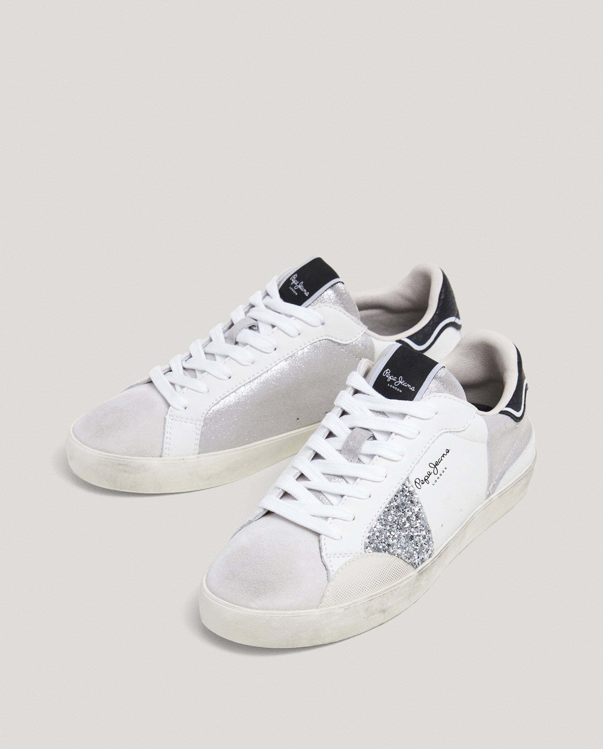 Lane - Pepe Jeans - zapatillas piel con detalles glitter - Plata Plata-4