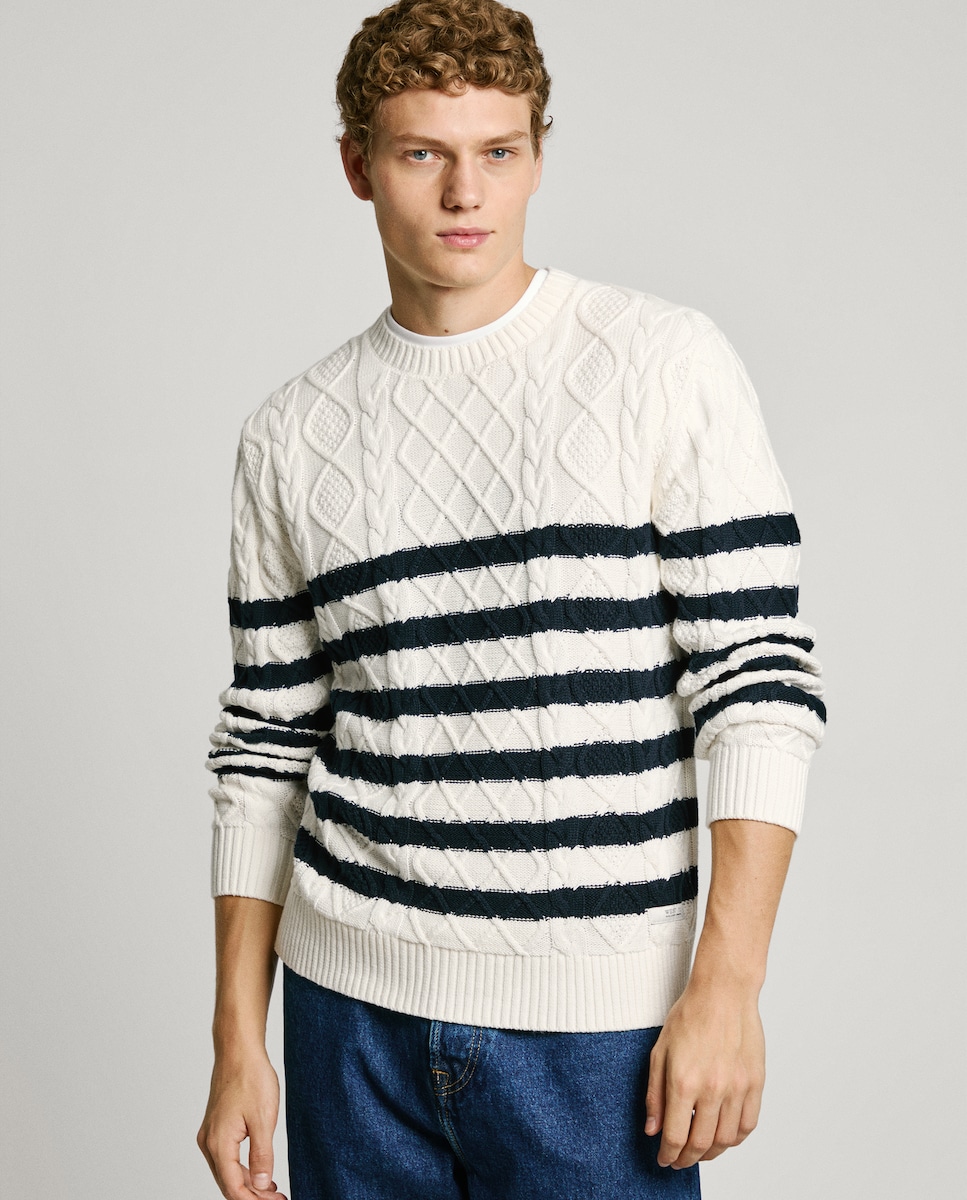 Jeans Sweater Blanco Hombre Jersey De Hombre Punto Trenzado Con