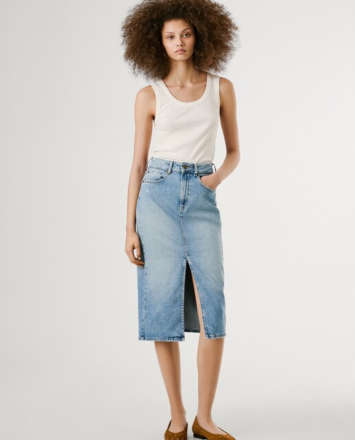 Imagen 0 de Falda midi vaquera con detalles rotos