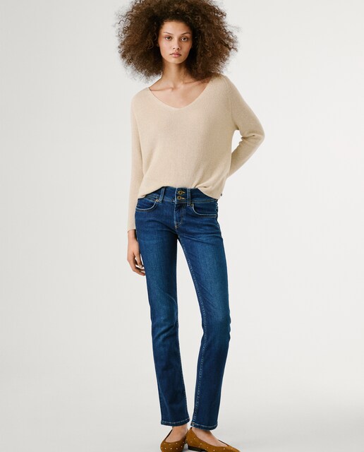 Imagen 0 de Vaquero recto de mujer tiro bajo con cierre doble botón