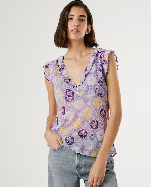 Imagen 0 de Blusa de mujer con cuello pico y estampado geométrico