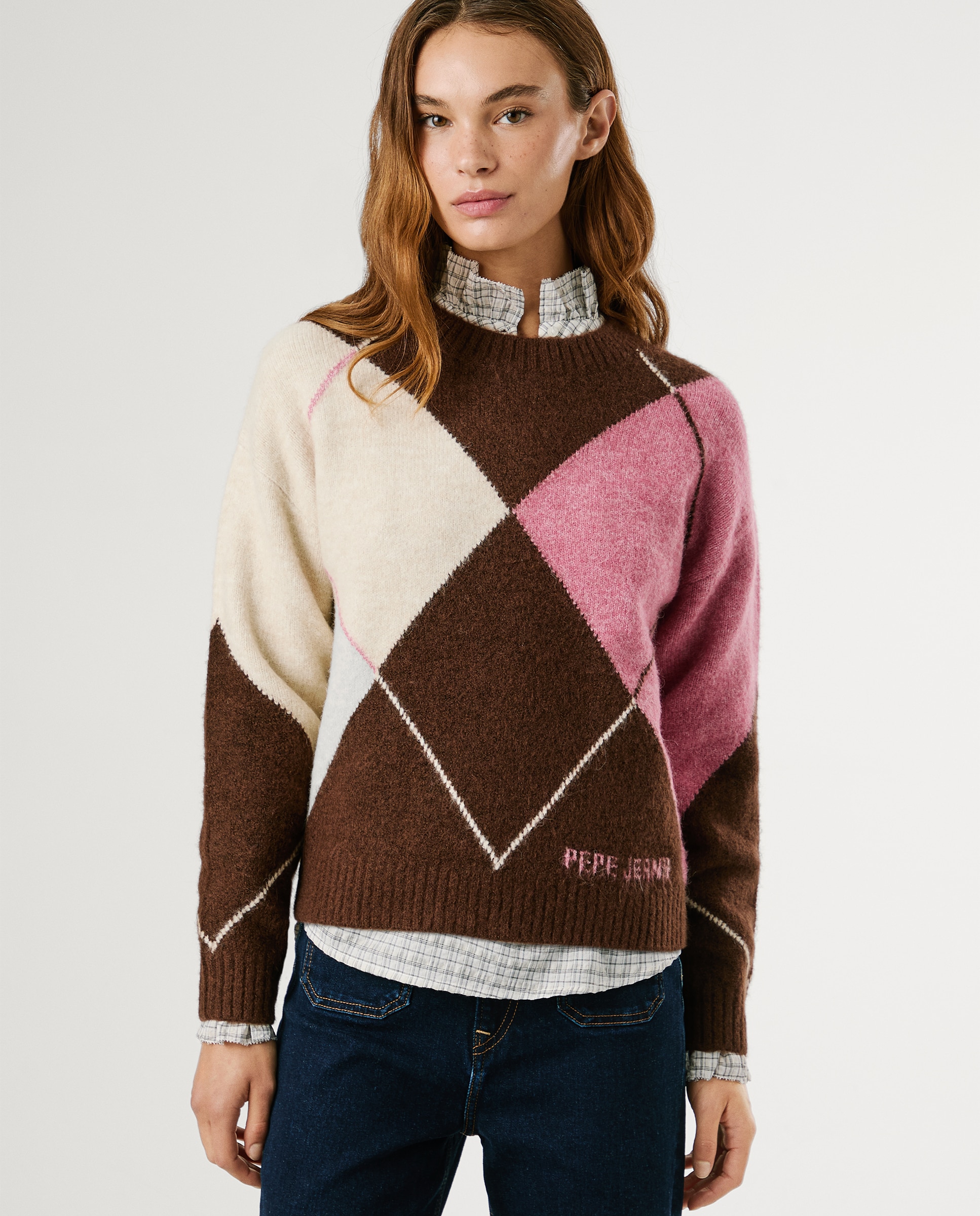 Jersey de mujer cuello redondo con diseño de rombos