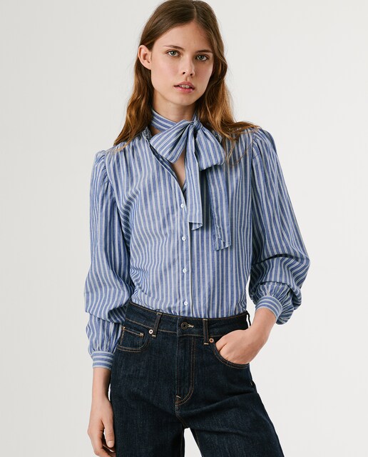 Imagen 0 de Camisa de mujer en tejido popelín con estampado de rayas