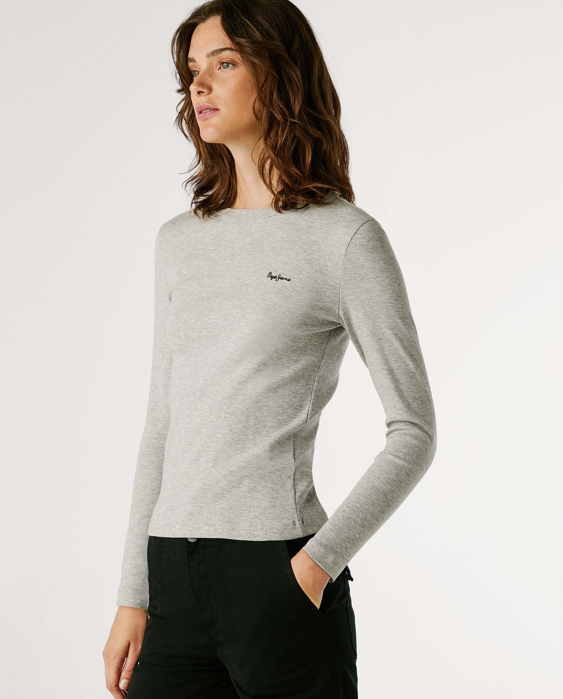 Camiseta canalé manga larga logo bordado - Pepe Jeans - Gris Gris-7
