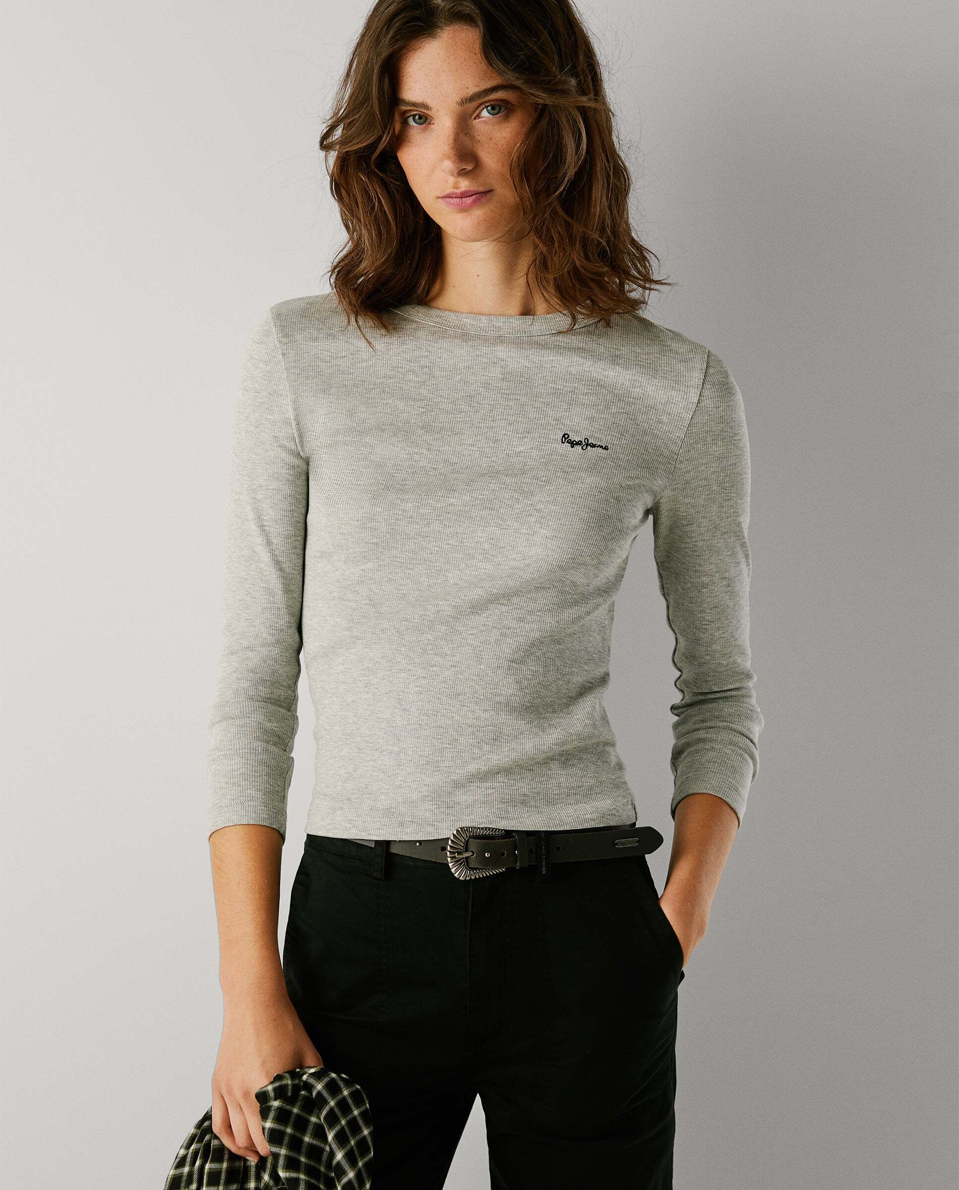 Camiseta canalé manga larga logo bordado - Pepe Jeans - Gris Gris-8