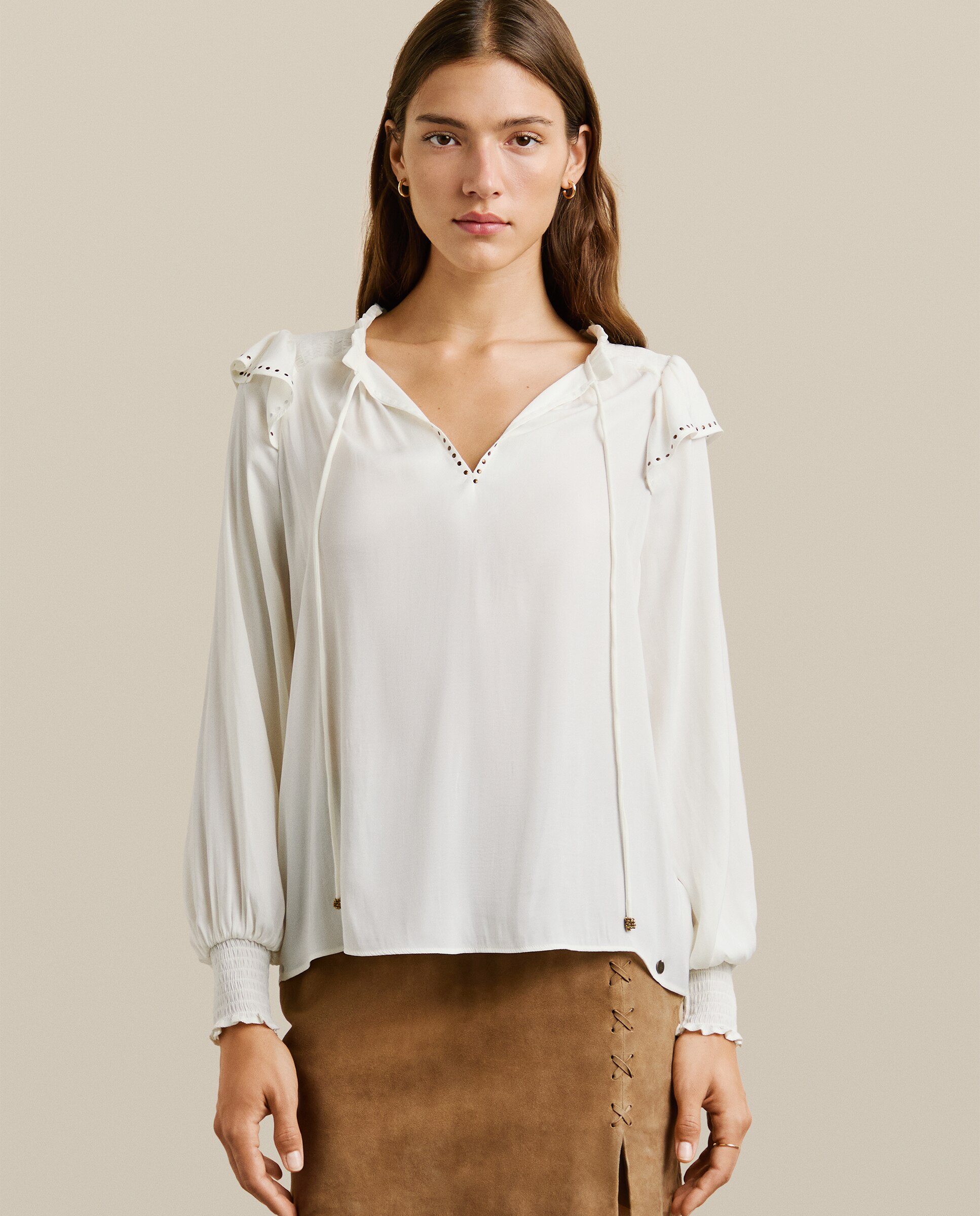 Blusa de mujer satinada con cuello pico - Pepe Jeans - Blanco Blanco-1