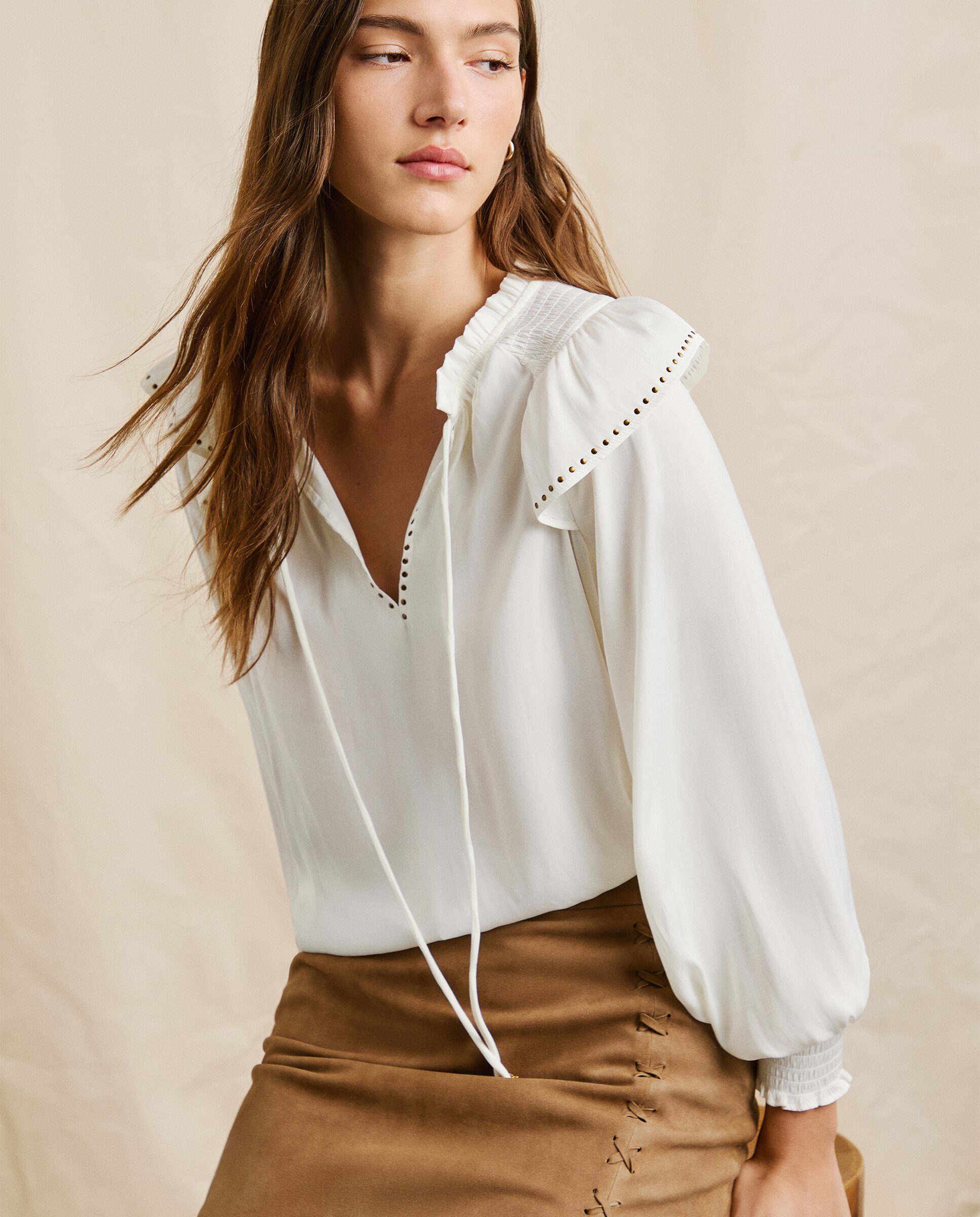 Blusa de mujer satinada con cuello pico - Pepe Jeans - Blanco Blanco-6