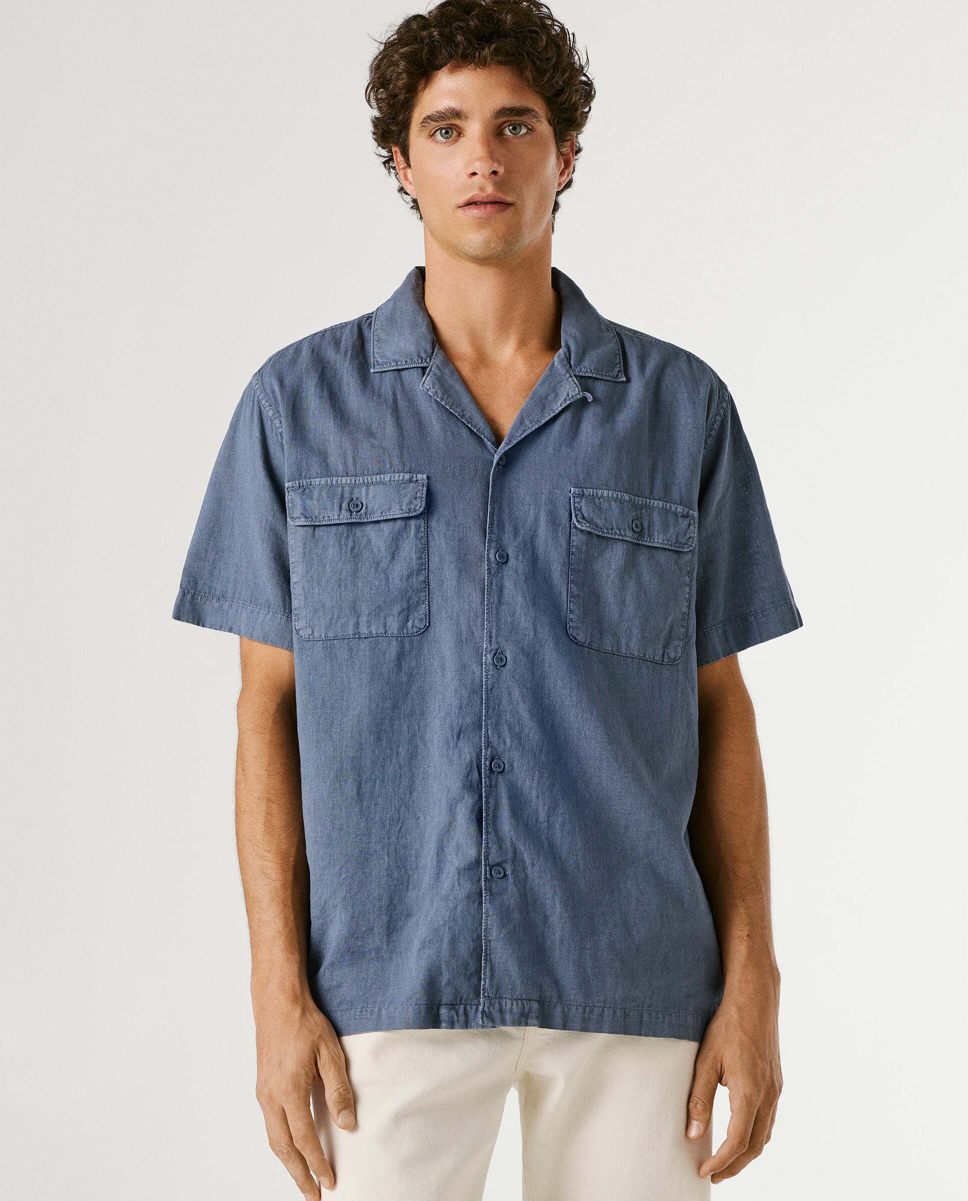 Camisa de lino cuello cubano - Pepe Jeans - Azul Azul-1