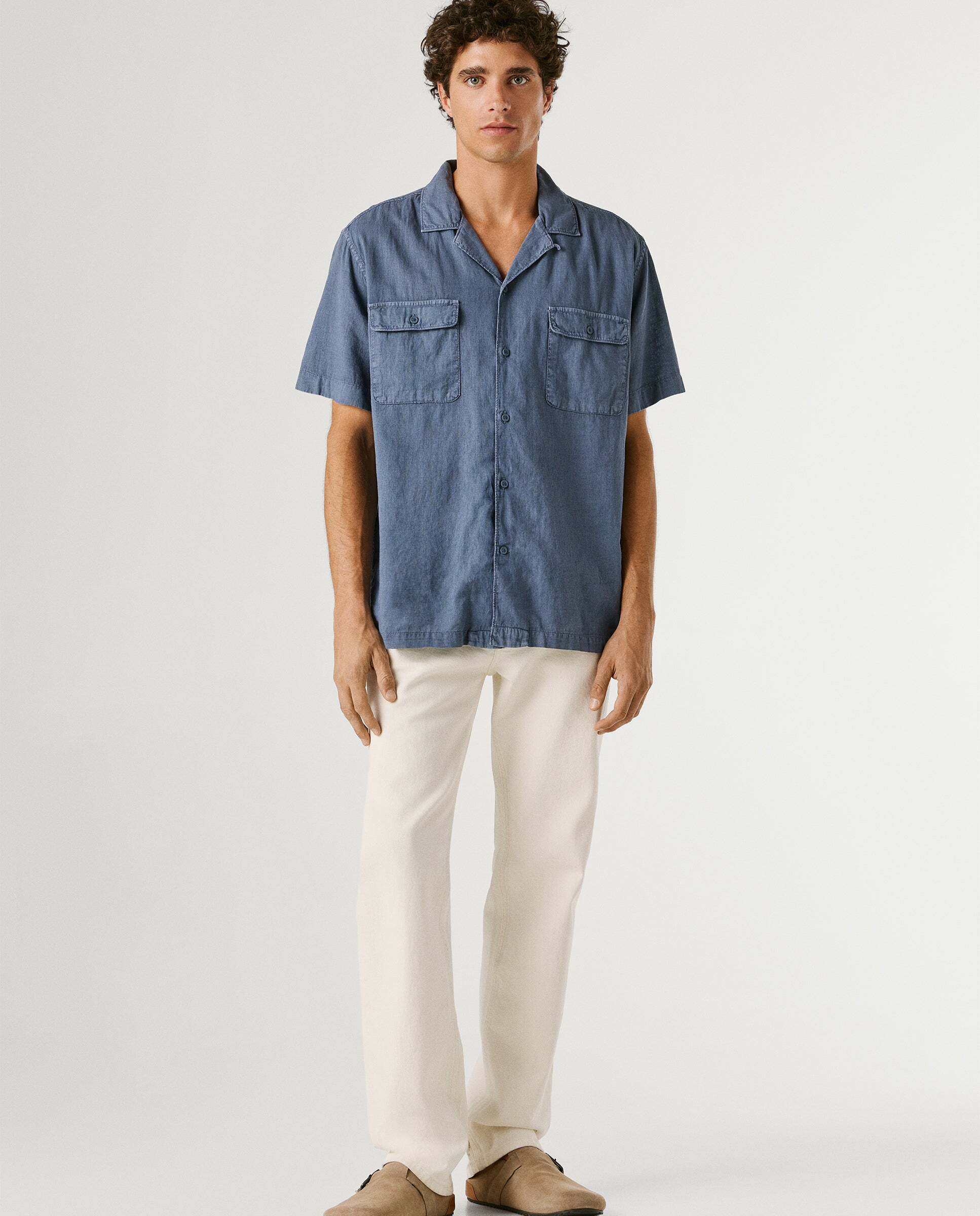Camisa de lino cuello cubano - Pepe Jeans - Azul Azul-2