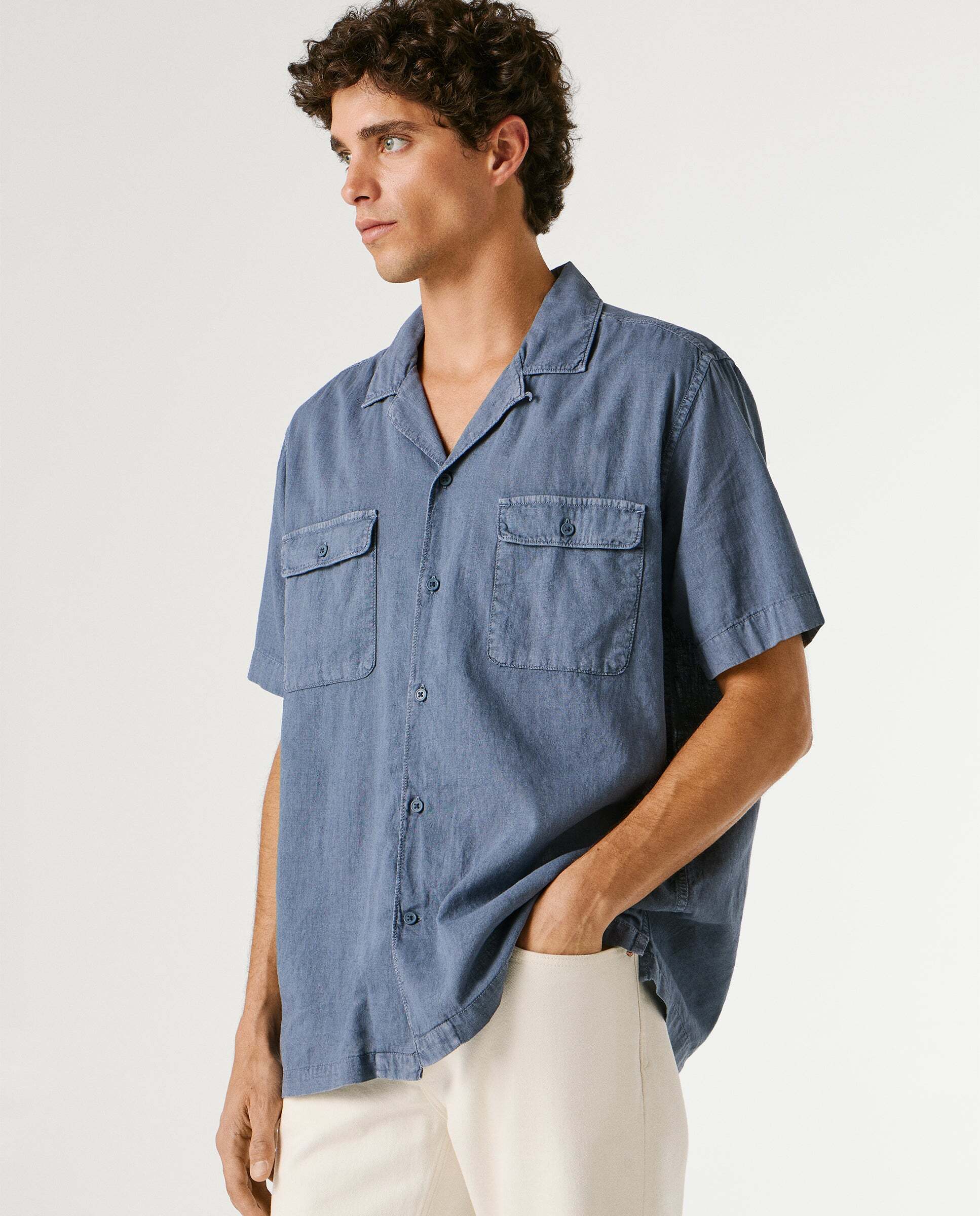 Camisa de lino cuello cubano - Pepe Jeans - Azul Azul-6