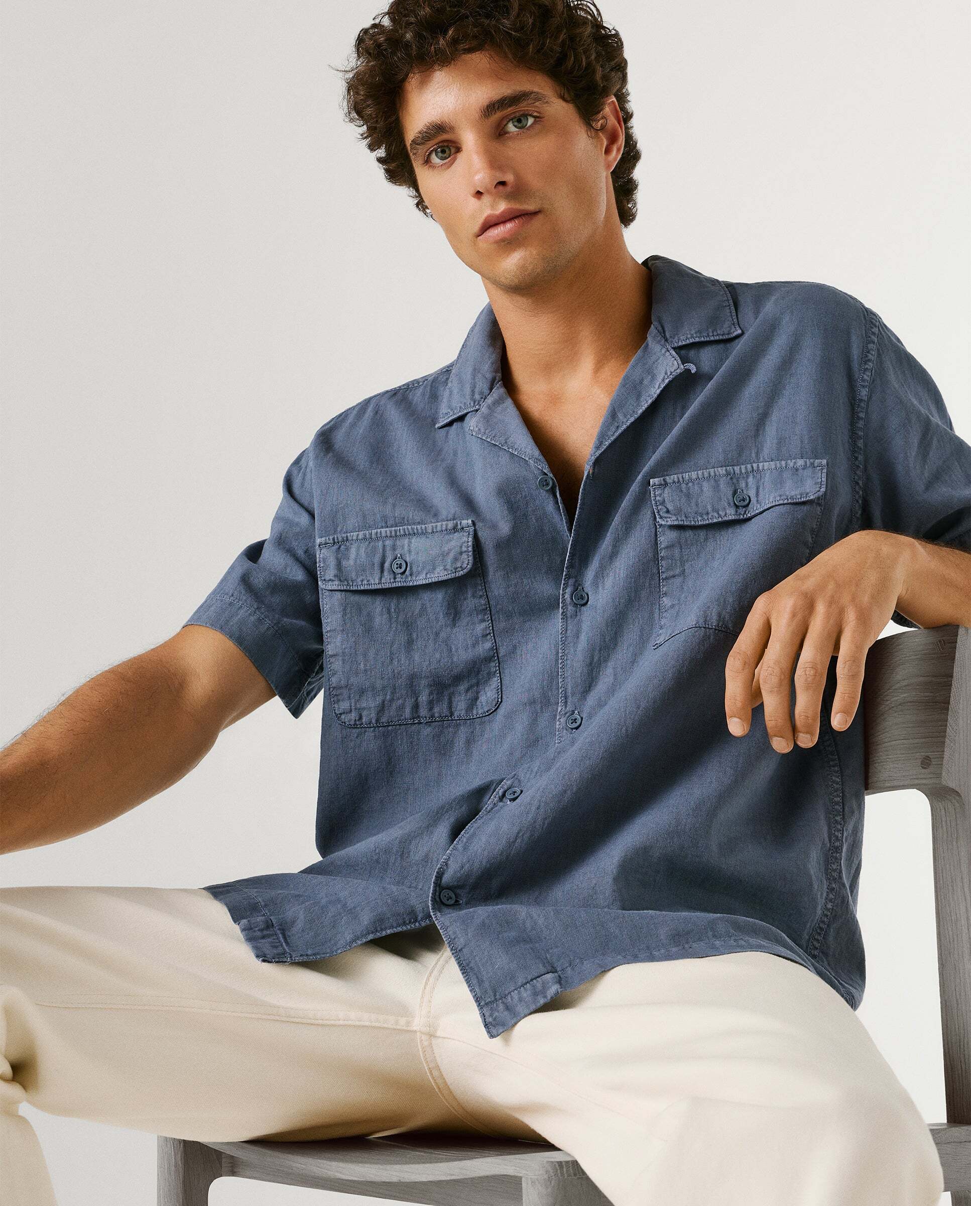 Camisa de lino cuello cubano - Pepe Jeans - Azul Azul-7