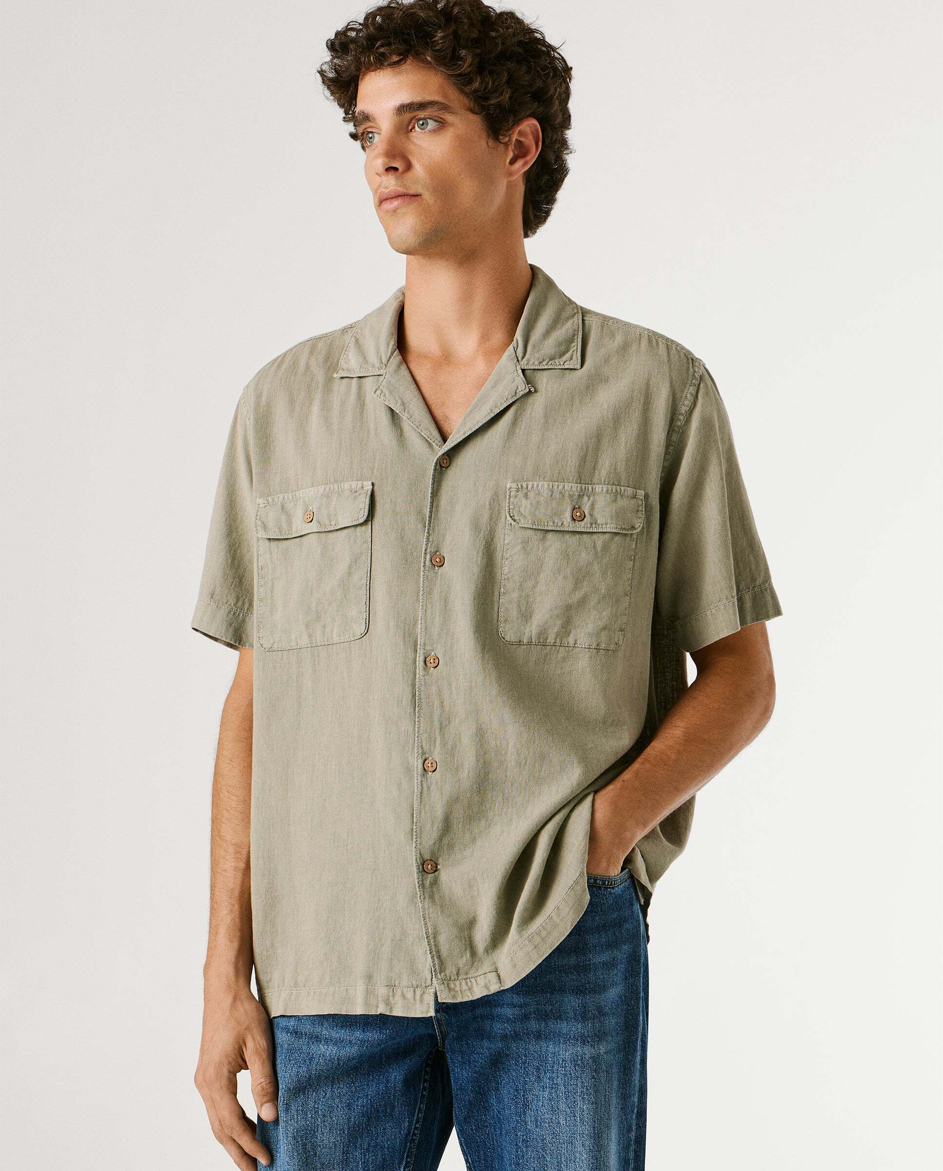 Camisa de lino cuello cubano - Pepe Jeans - Verde Verde-1