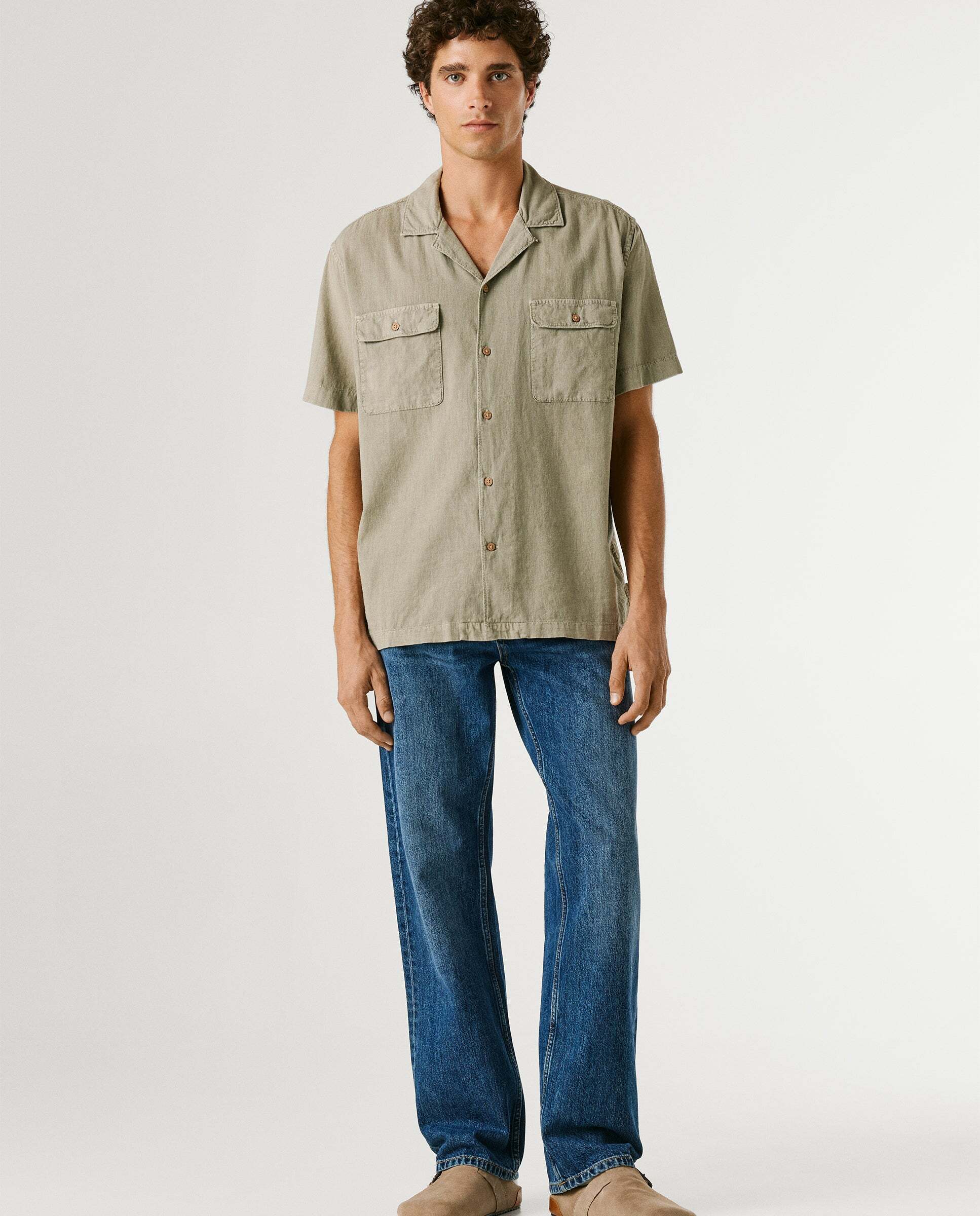 Camisa de lino cuello cubano - Pepe Jeans - Verde Verde-2