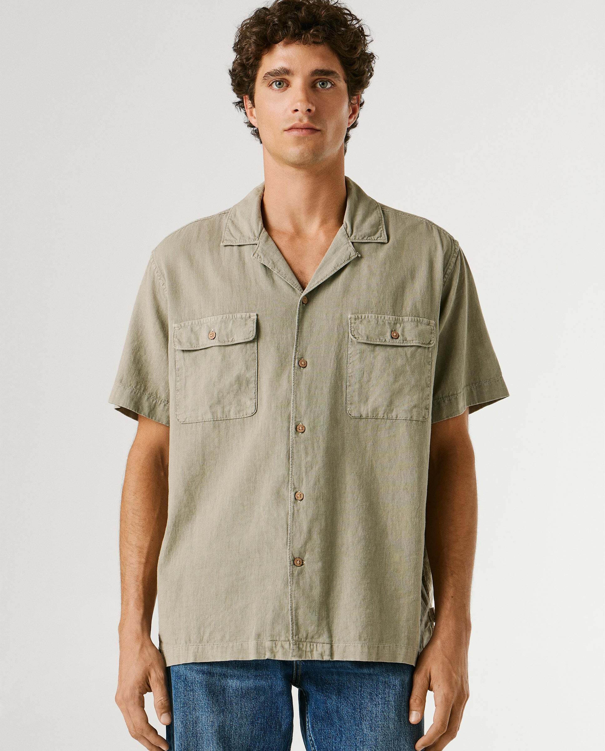 Camisa de lino cuello cubano - Pepe Jeans - Verde Verde-6