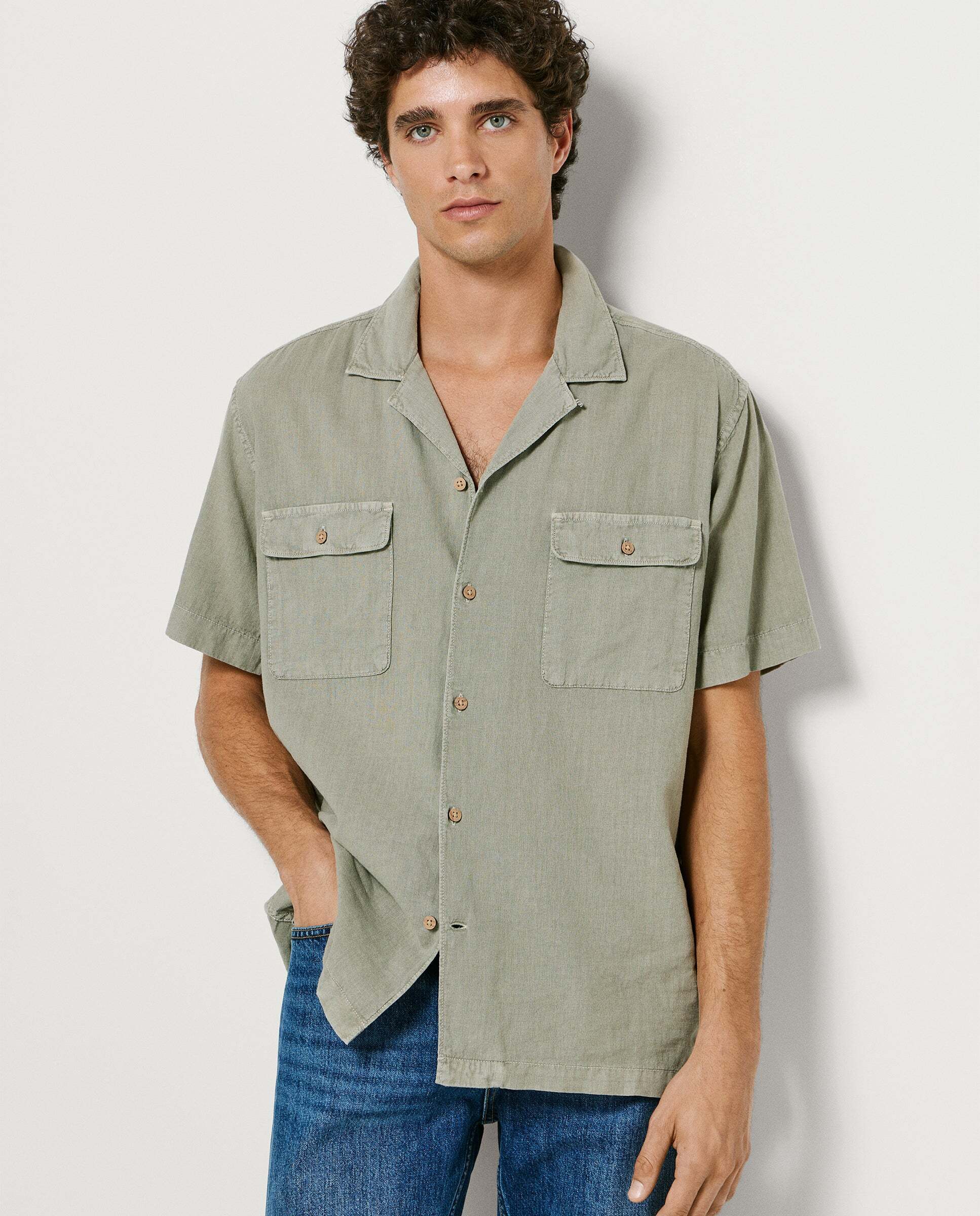 Camisa de lino cuello cubano - Pepe Jeans - Verde Verde-7