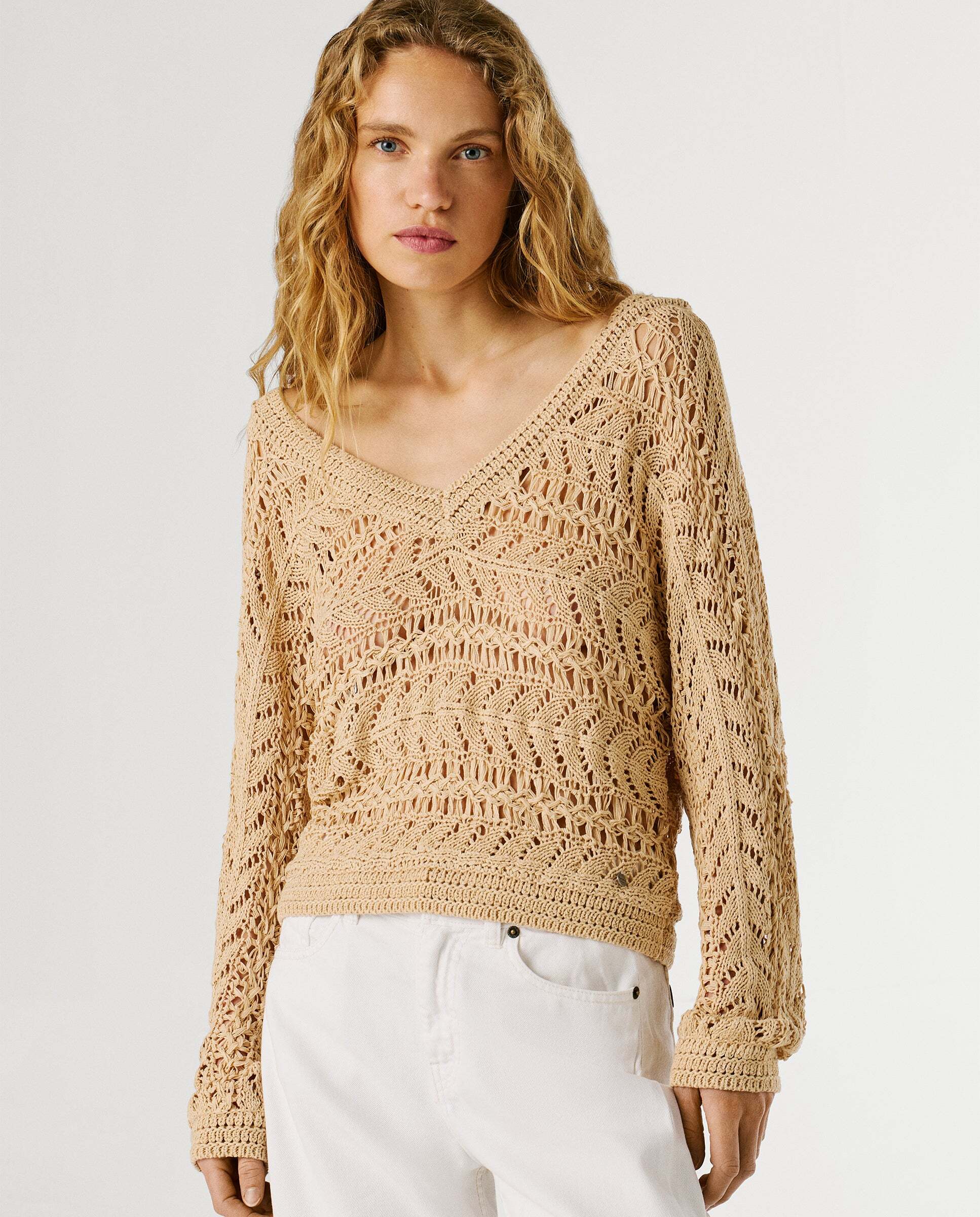 Jersey de mujer calado cuello pico - Pepe Jeans - Natural Natural-1