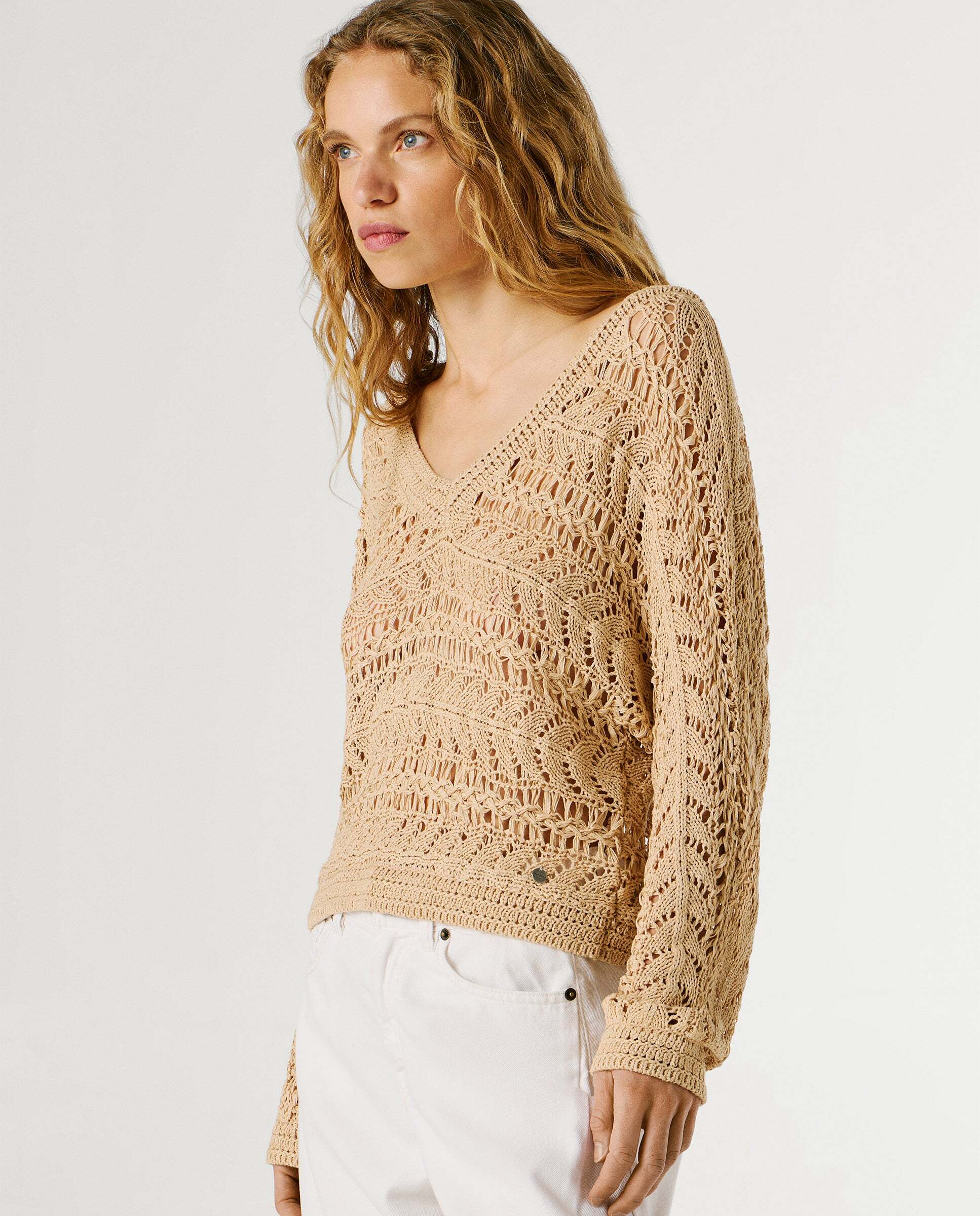 Jersey de mujer calado cuello pico - Pepe Jeans - Natural Natural-6