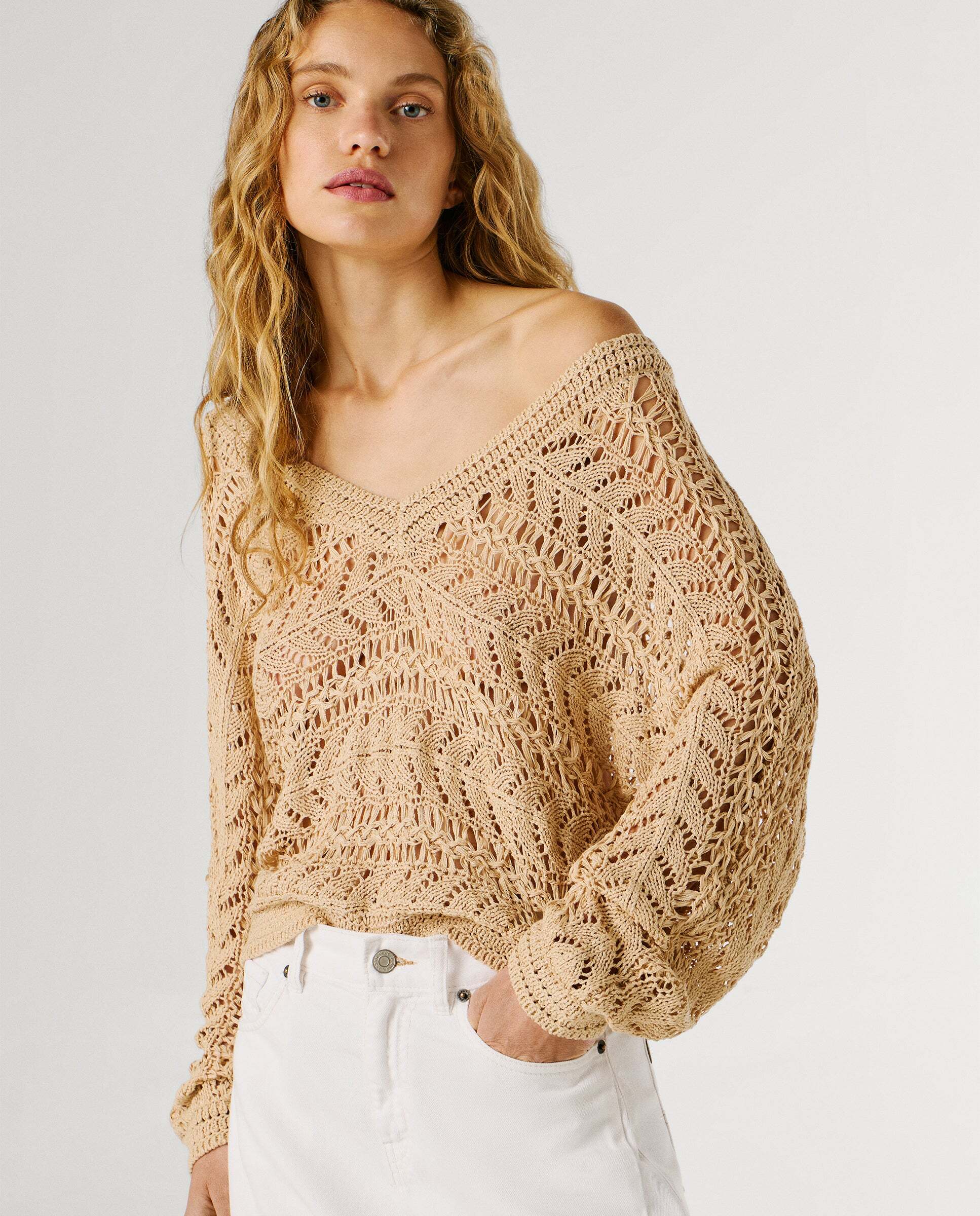 Jersey de mujer calado cuello pico - Pepe Jeans - Natural Natural-7