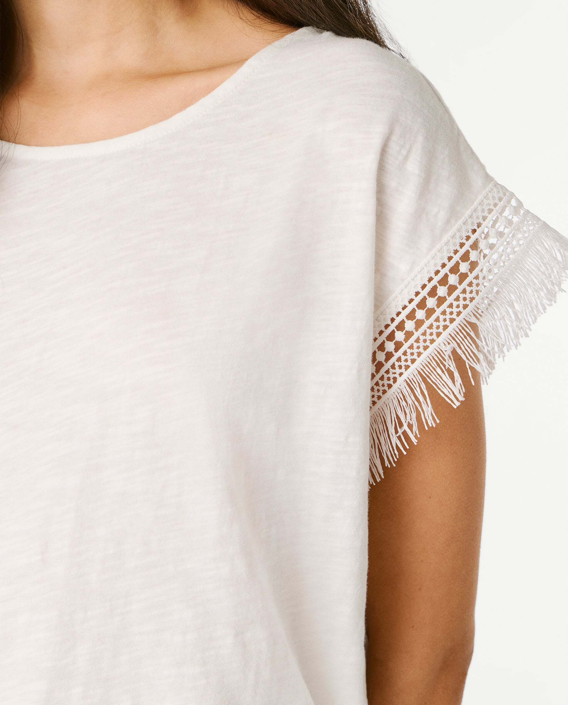 Camiseta de mujer cuello redondo con flecos - Pepe Jeans - Blanco Blanco-5