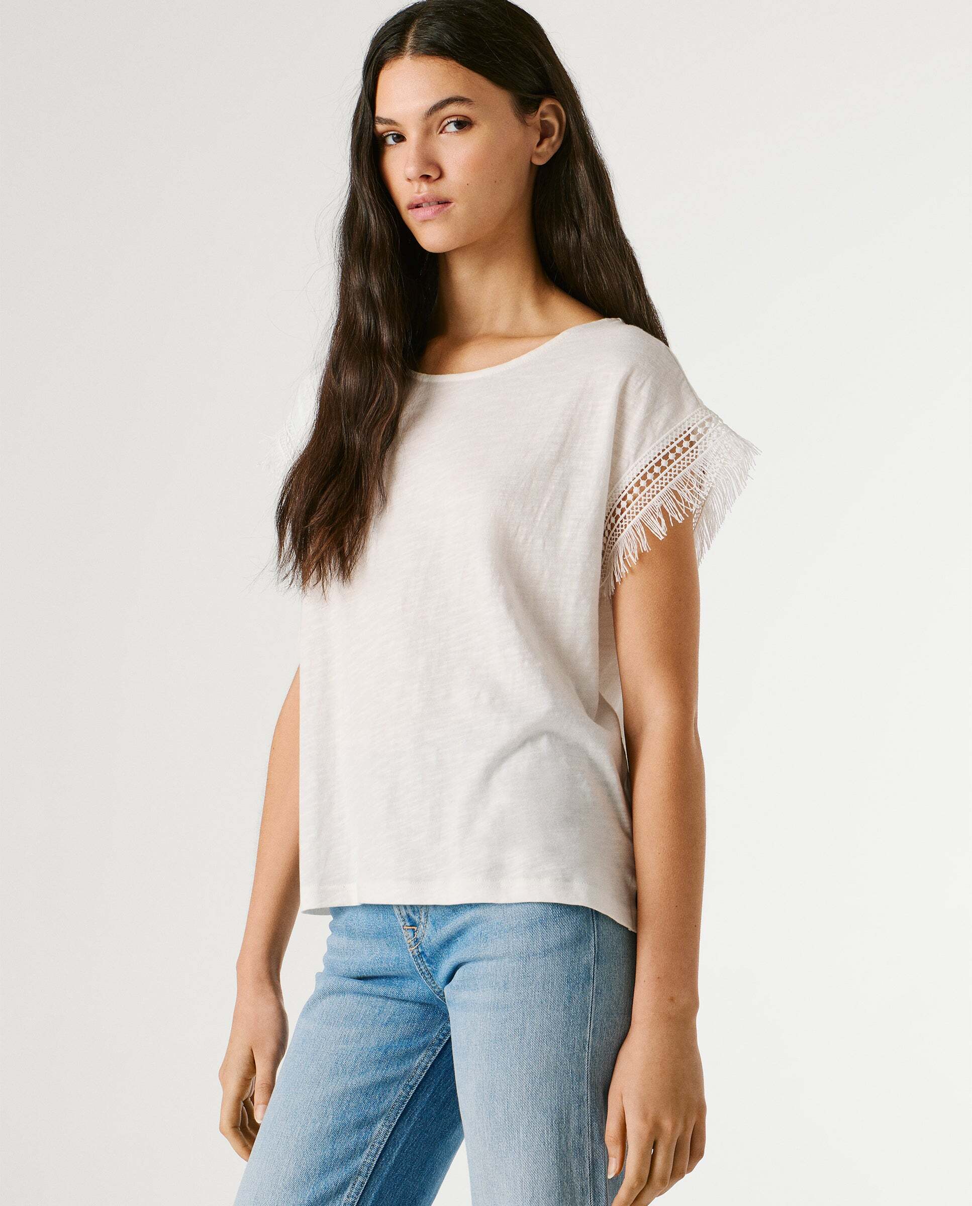 Camiseta de mujer cuello redondo con flecos - Pepe Jeans - Blanco Blanco-6