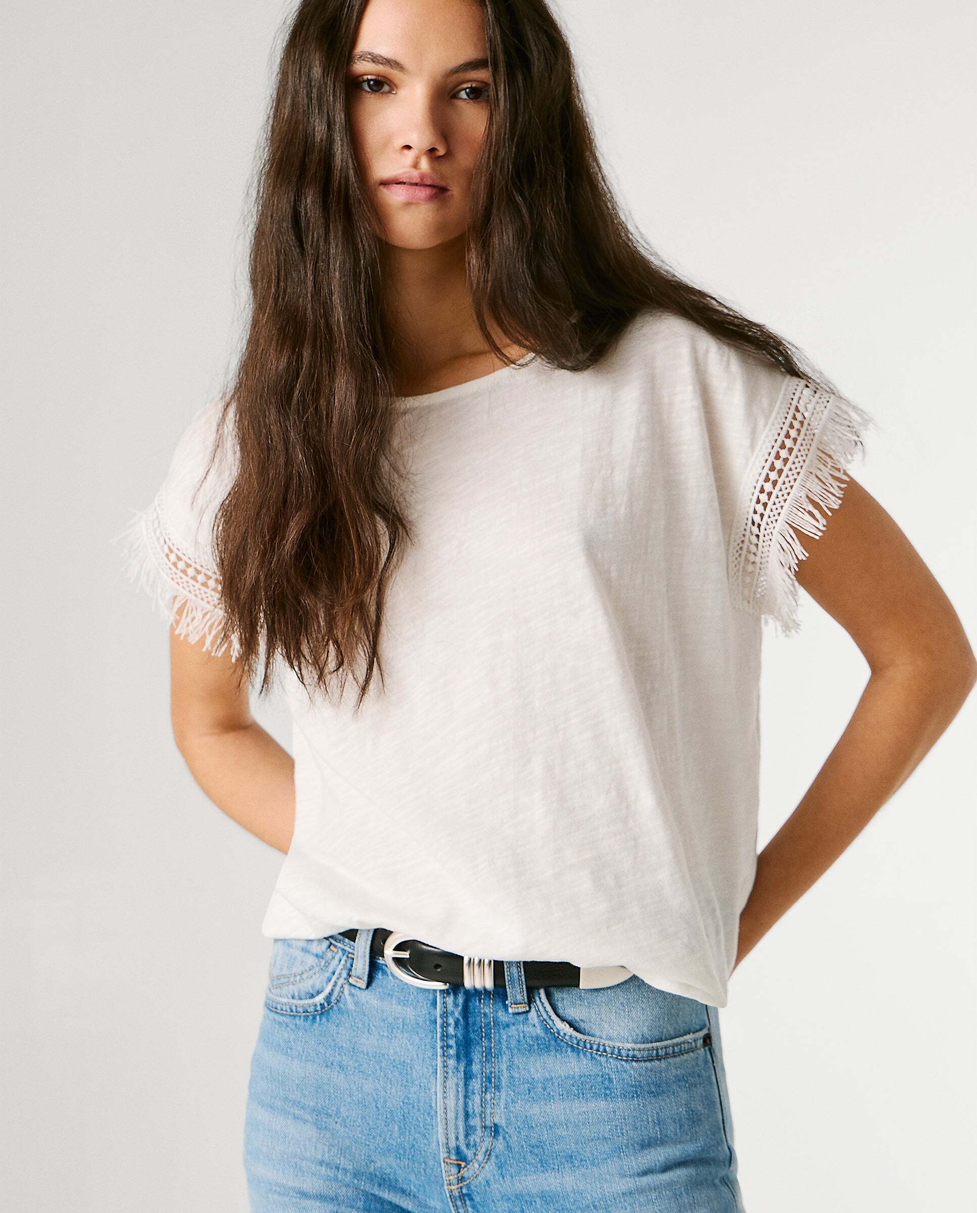 Camiseta de mujer cuello redondo con flecos - Pepe Jeans - Blanco Blanco-7