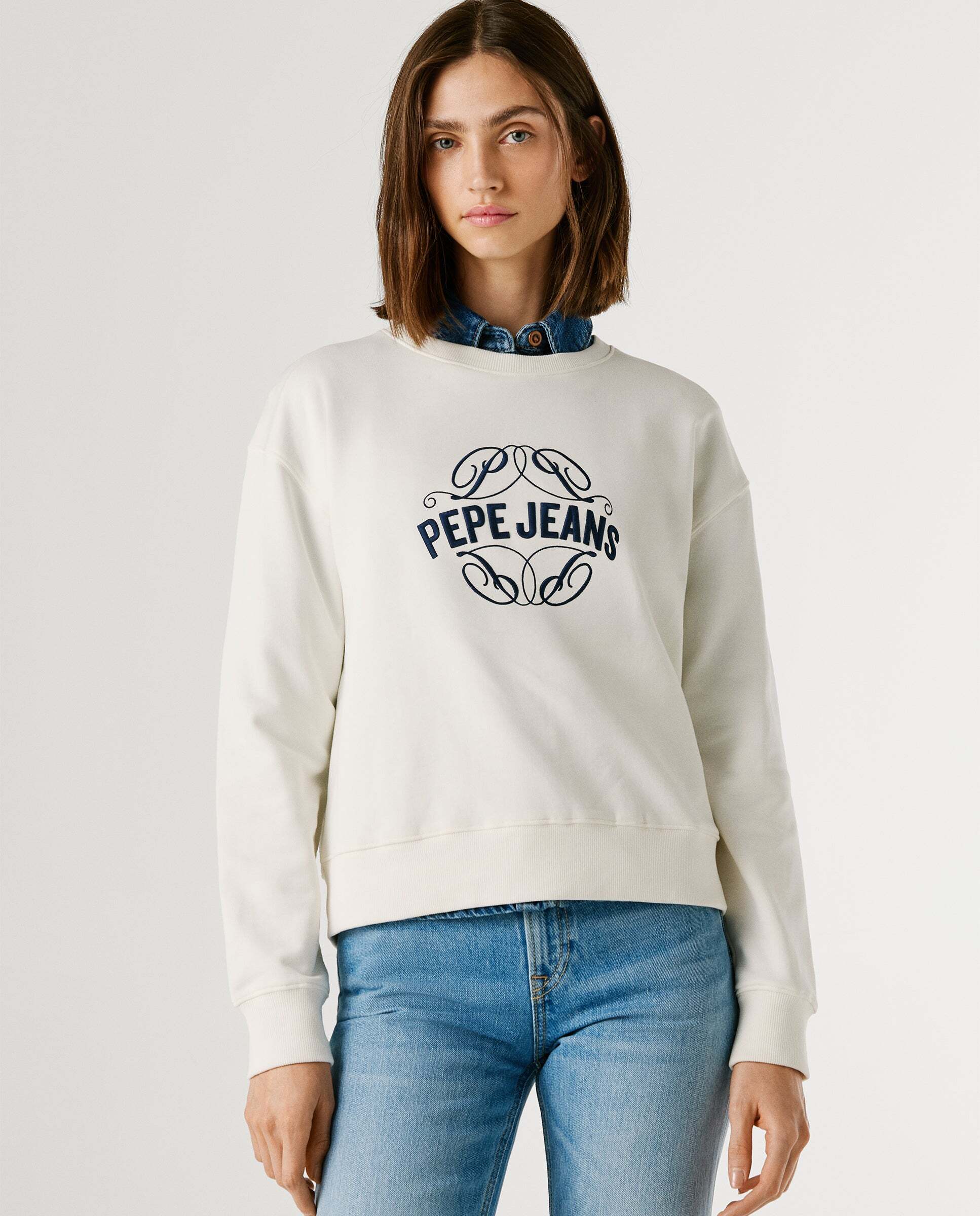 Sudadera bomber de mujer cuello redondo con logo - Pepe Jeans - Verde Blanco-1