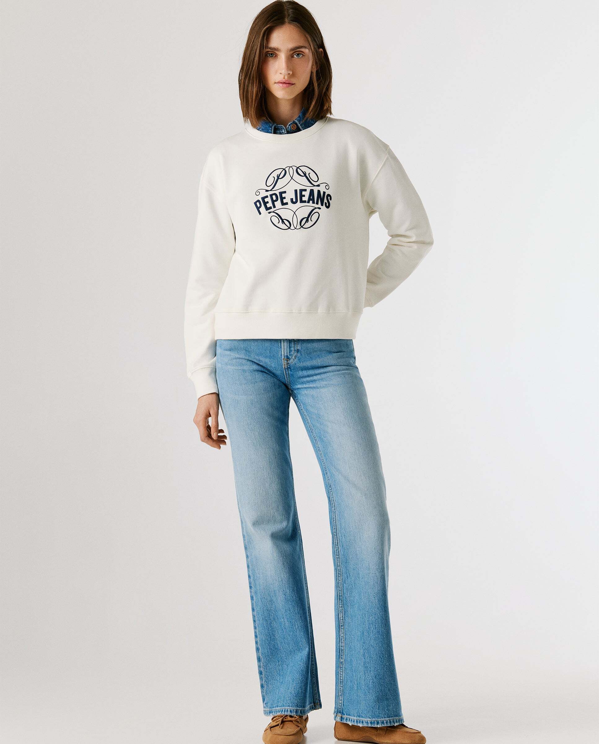 Sudadera bomber de mujer cuello redondo con logo - Pepe Jeans - Verde Blanco-2