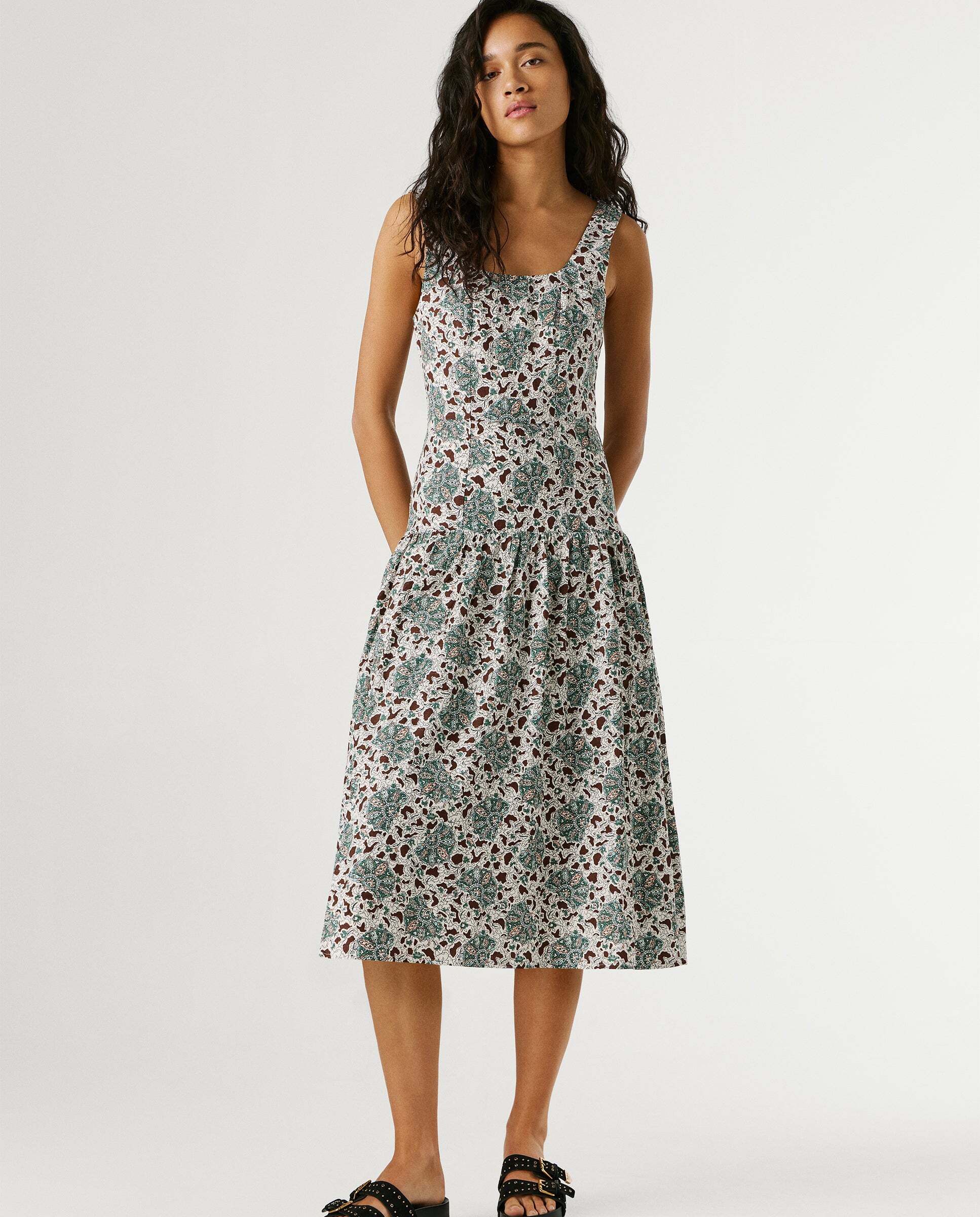 Vestido largo estampado floral con lino - Pepe Jeans - Verde Verde-2