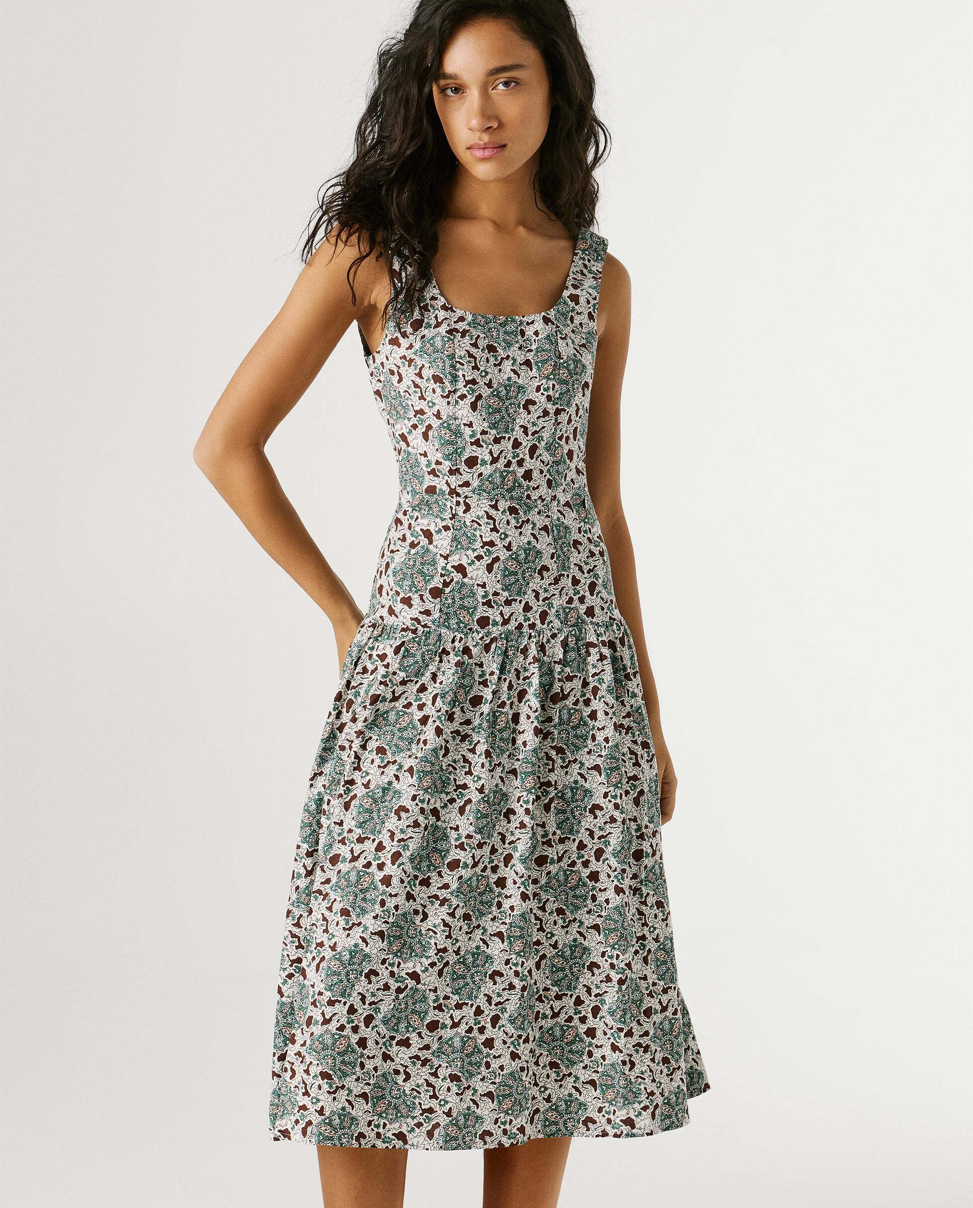 Vestido largo estampado floral con lino - Pepe Jeans - Verde Verde-3