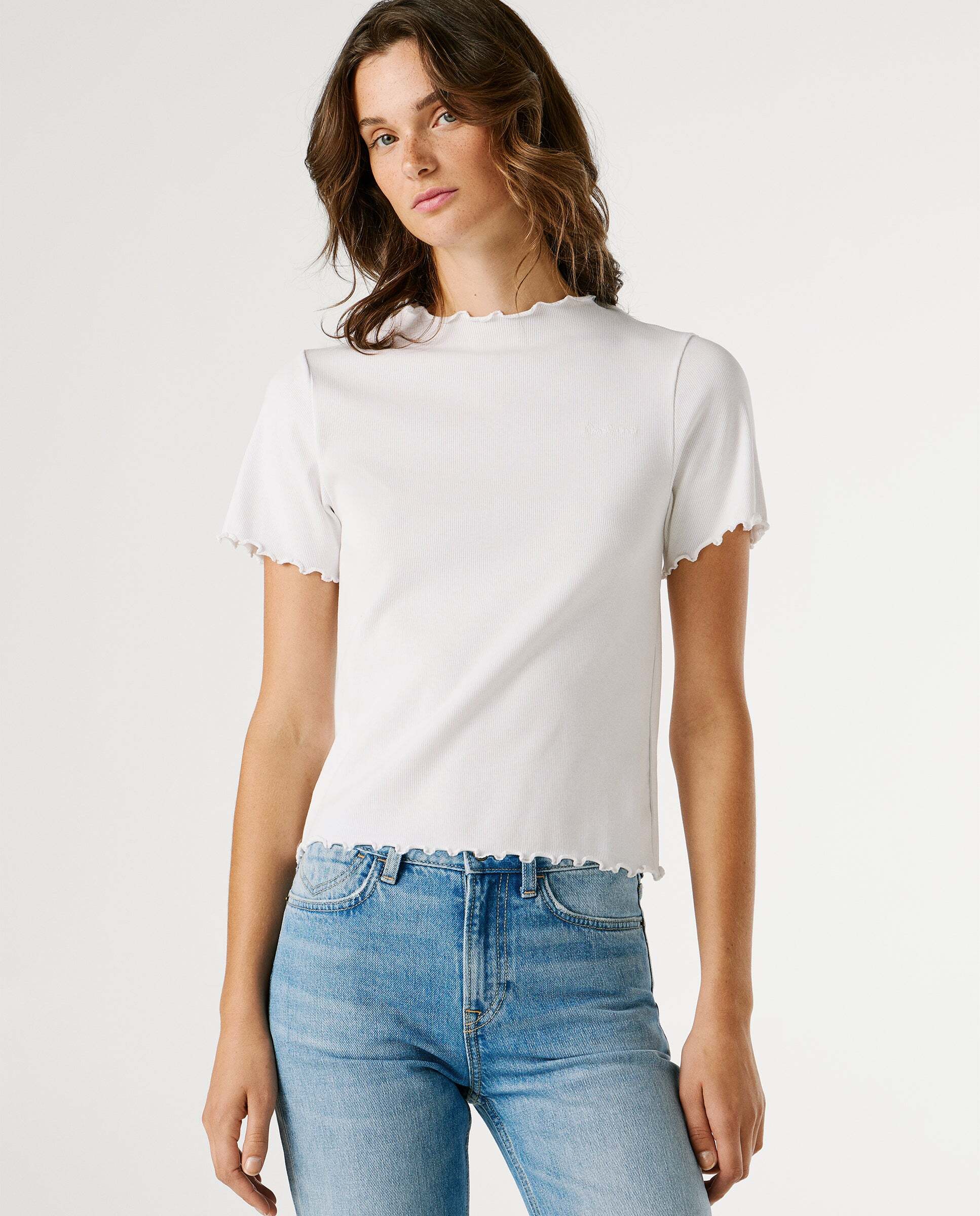 Pepe Jeans - Camiseta de mujer pointelle logo bordado.