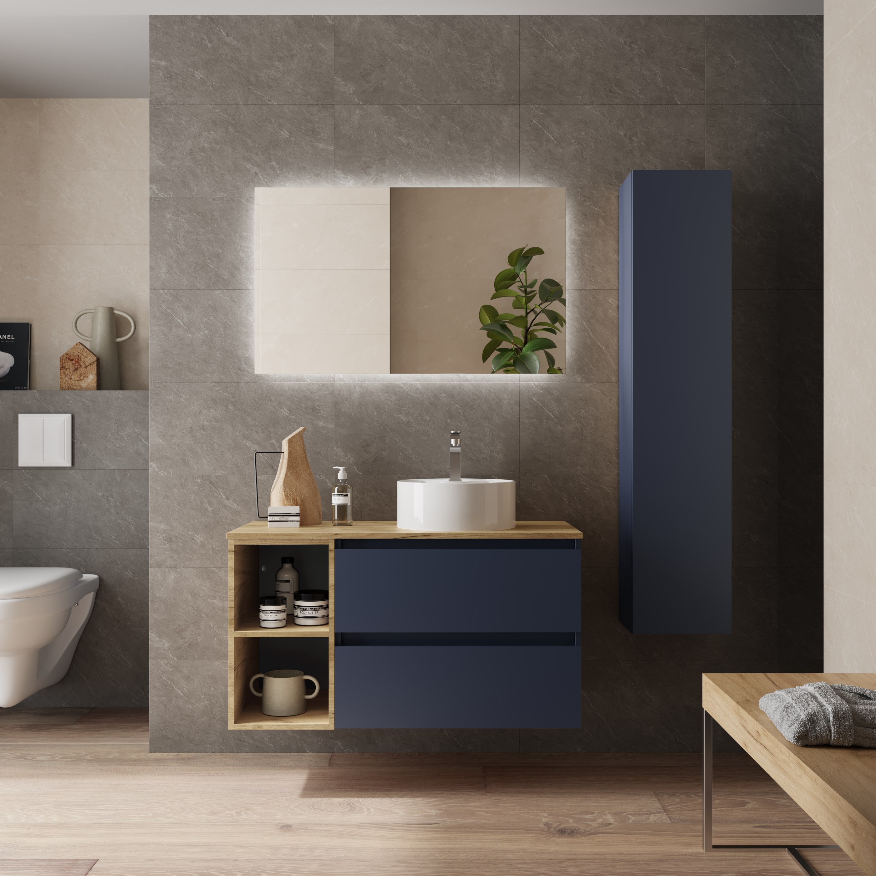 Imagen 2 de Mueble de baño Bequia con Encimera con Lavabo posar con Coqueta 2 huecos - Azul / Madera 100 cm Azul / Madera