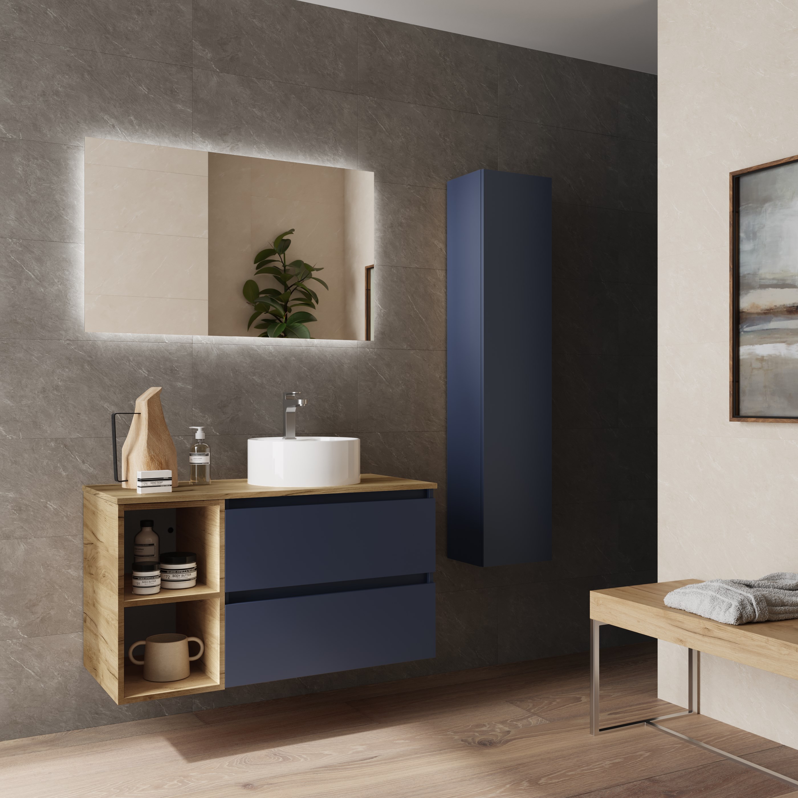 Imagen 3 de Mueble de baño Bequia con Encimera con Lavabo posar con Coqueta 2 huecos - Azul / Madera 100 cm Azul / Madera