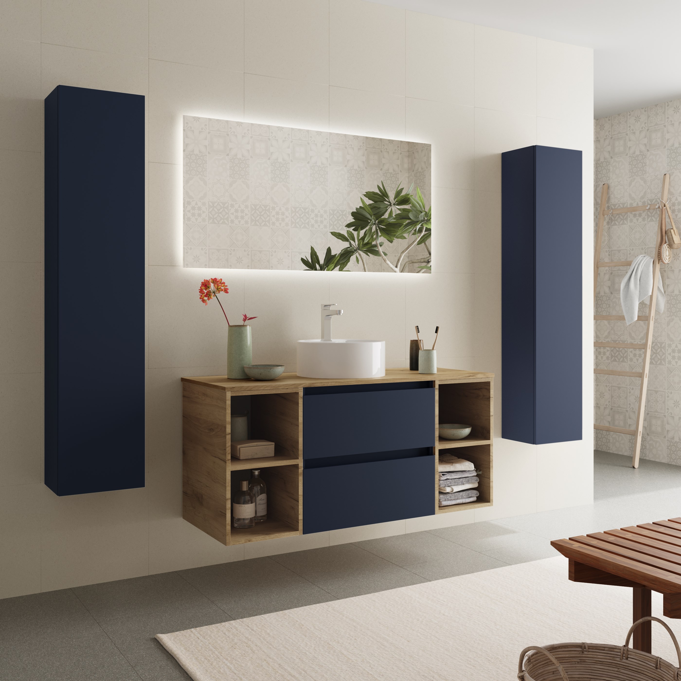 Imagen 3 de Mueble de baño Bequia con Encimera con Lavabo posar con 2 Coquetas 2 huecos - Azul / Madera 120 cm Azul / Madera