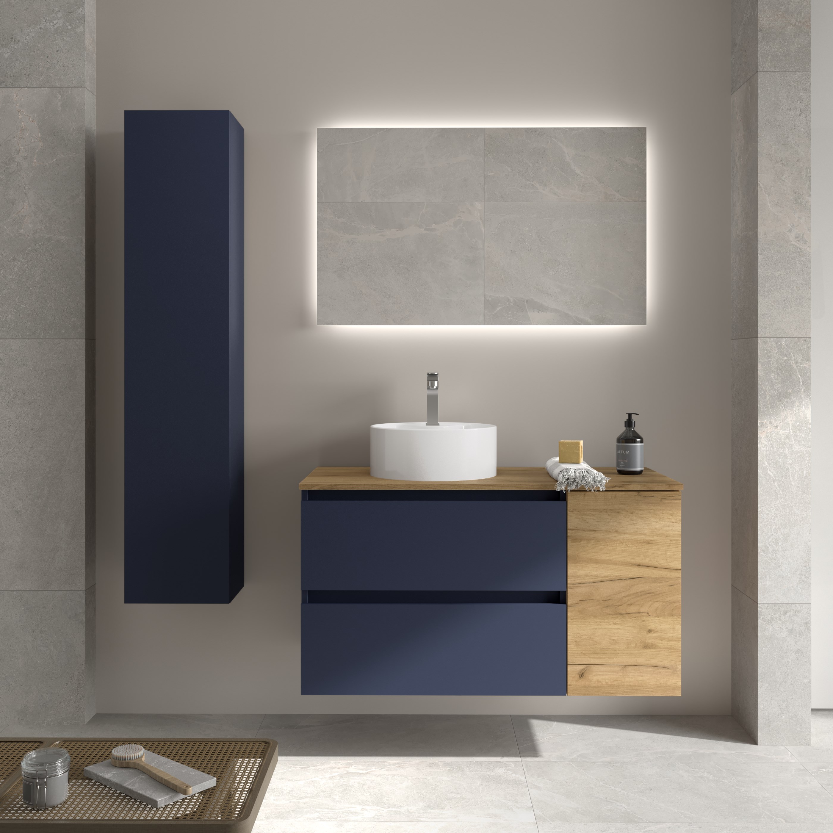 Imagen 2 de Mueble de baño Bequia con Encimera con Lavabo posar con Coqueta 1 puerta - Azul / Madera 90 cm Azul / Madera
