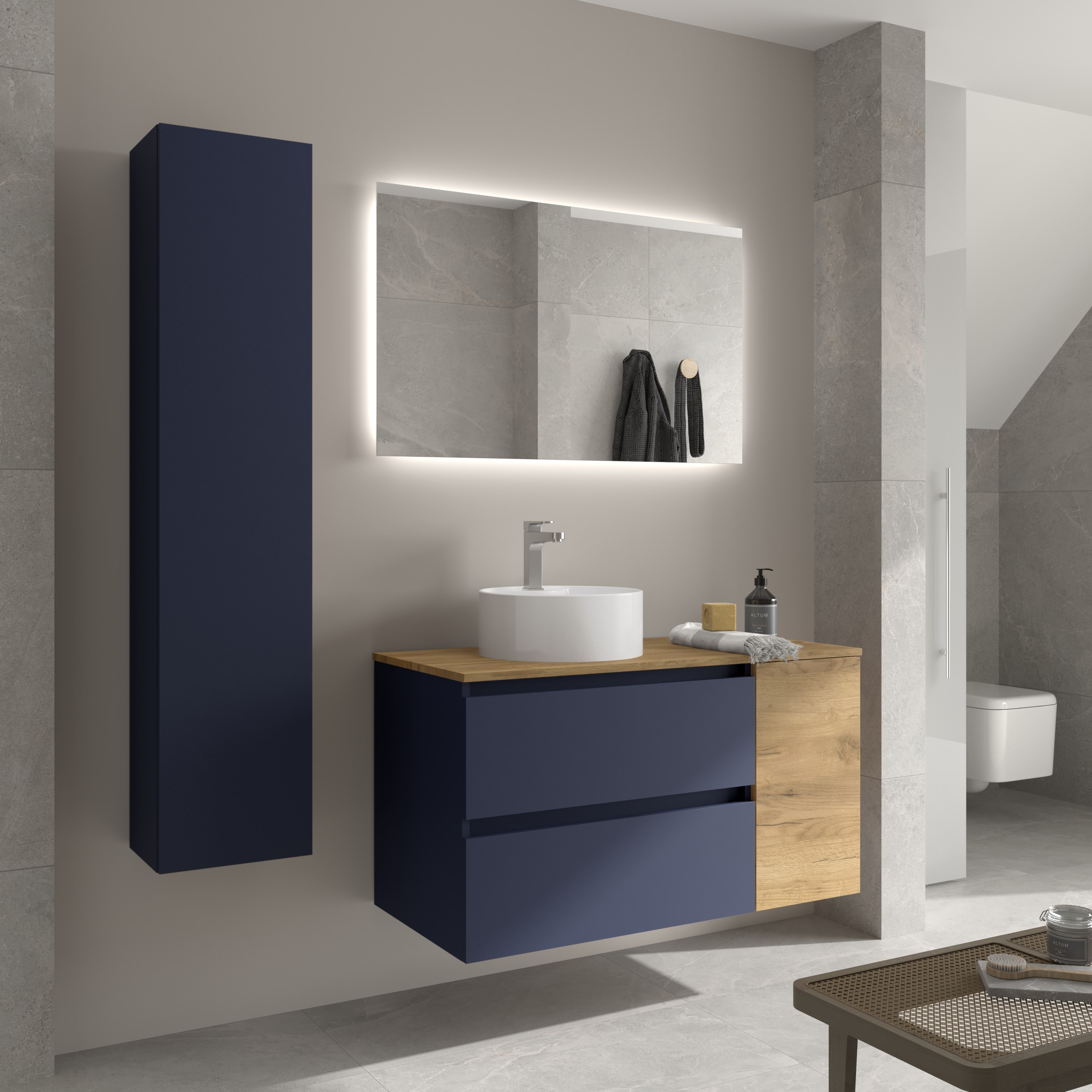 Imagen 3 de Mueble de baño Bequia con Encimera con Lavabo posar con Coqueta 1 puerta - Azul / Madera 90 cm Azul / Madera