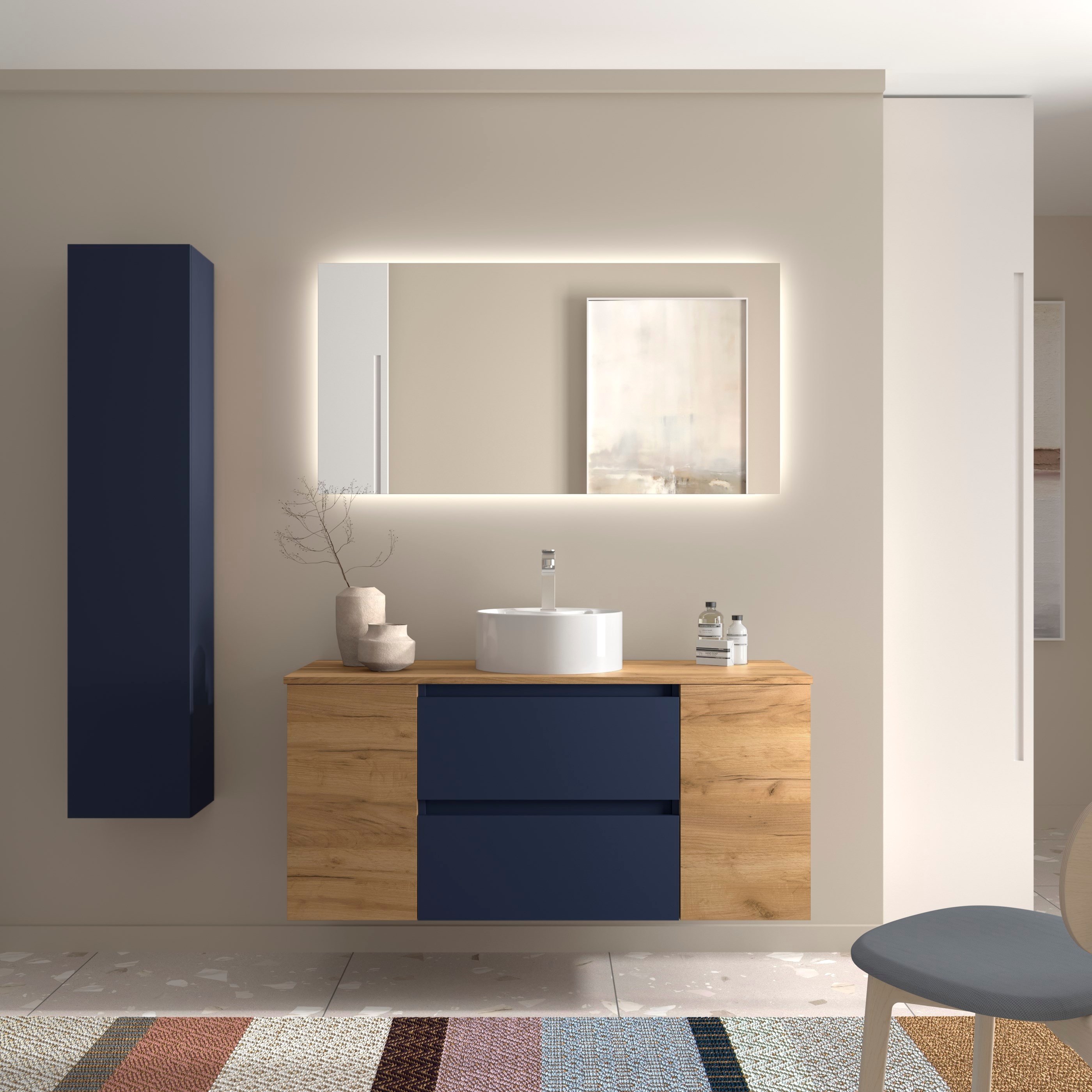 Imagen 2 de Mueble de baño Bequia + Encimera + Lavabo posar + 2 coqueta de 1 puerta - Azul / Madera 120 cm Azul / Madera