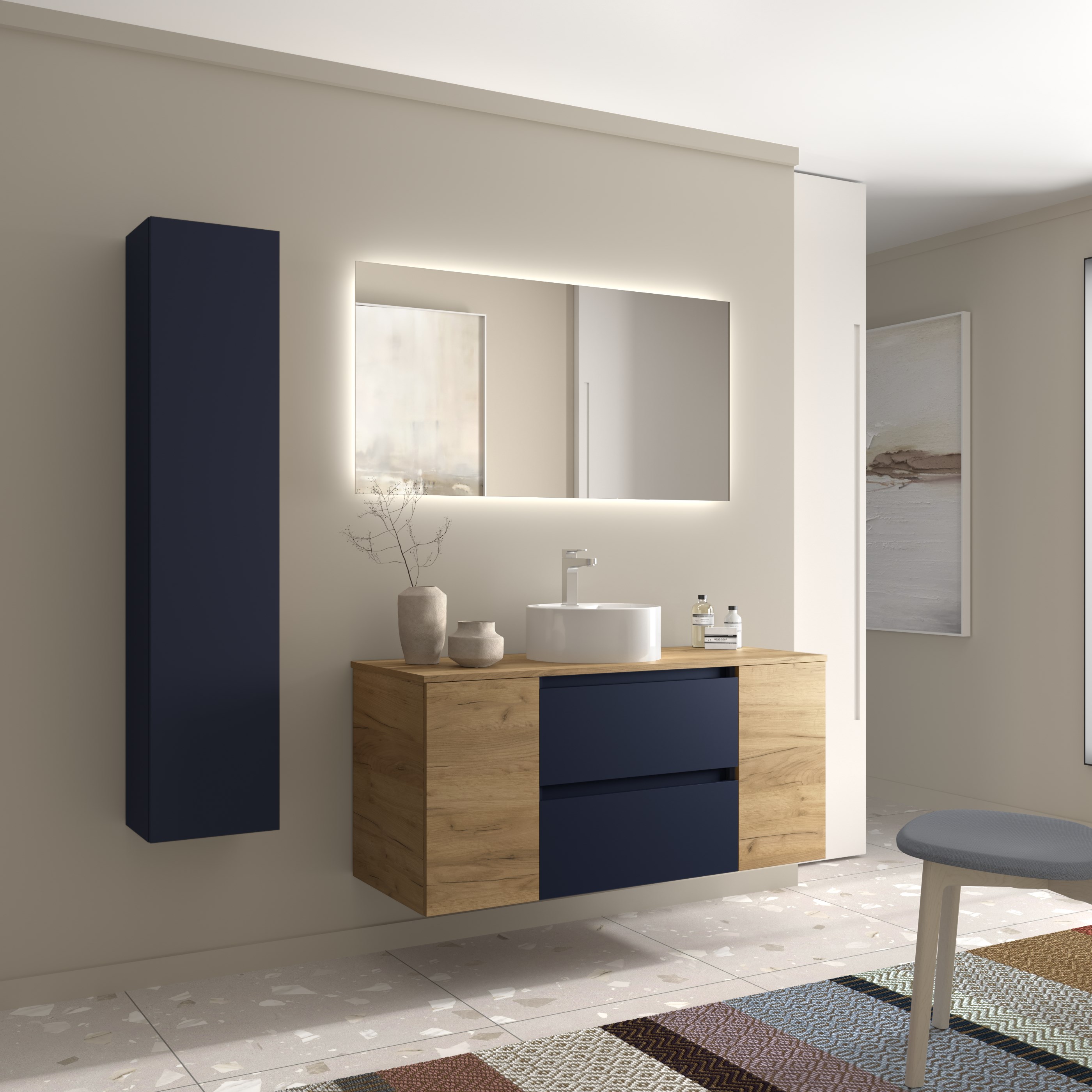 Imagen 3 de Mueble de baño Bequia + Encimera + Lavabo posar + 2 coqueta de 1 puerta - Azul / Madera 120 cm Azul / Madera