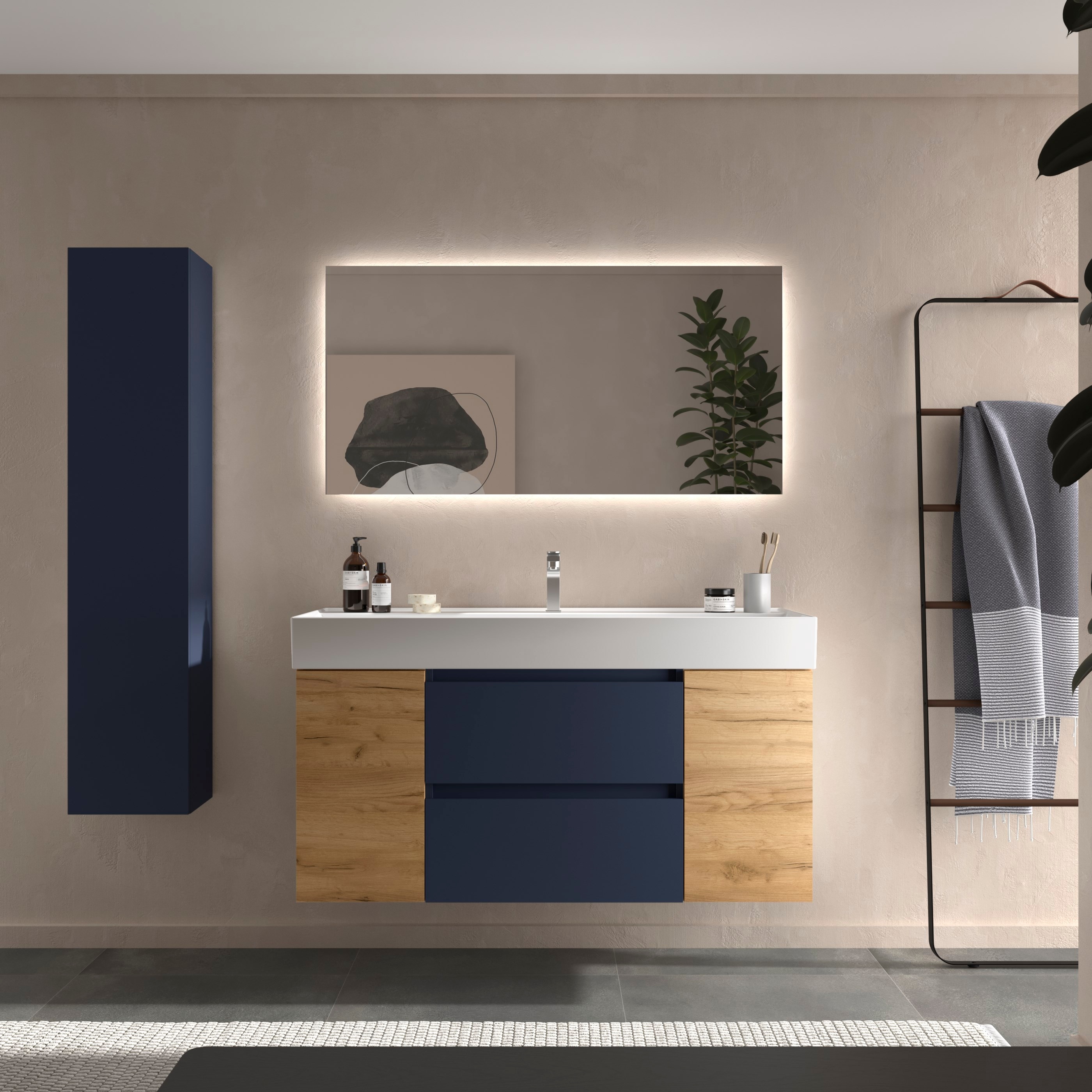 Imagen 2 de Mueble de baño Bequia + Lavabo Roma + 2 coqueta de 1 puerta - Azul / Madera 120 cm Azul / Madera