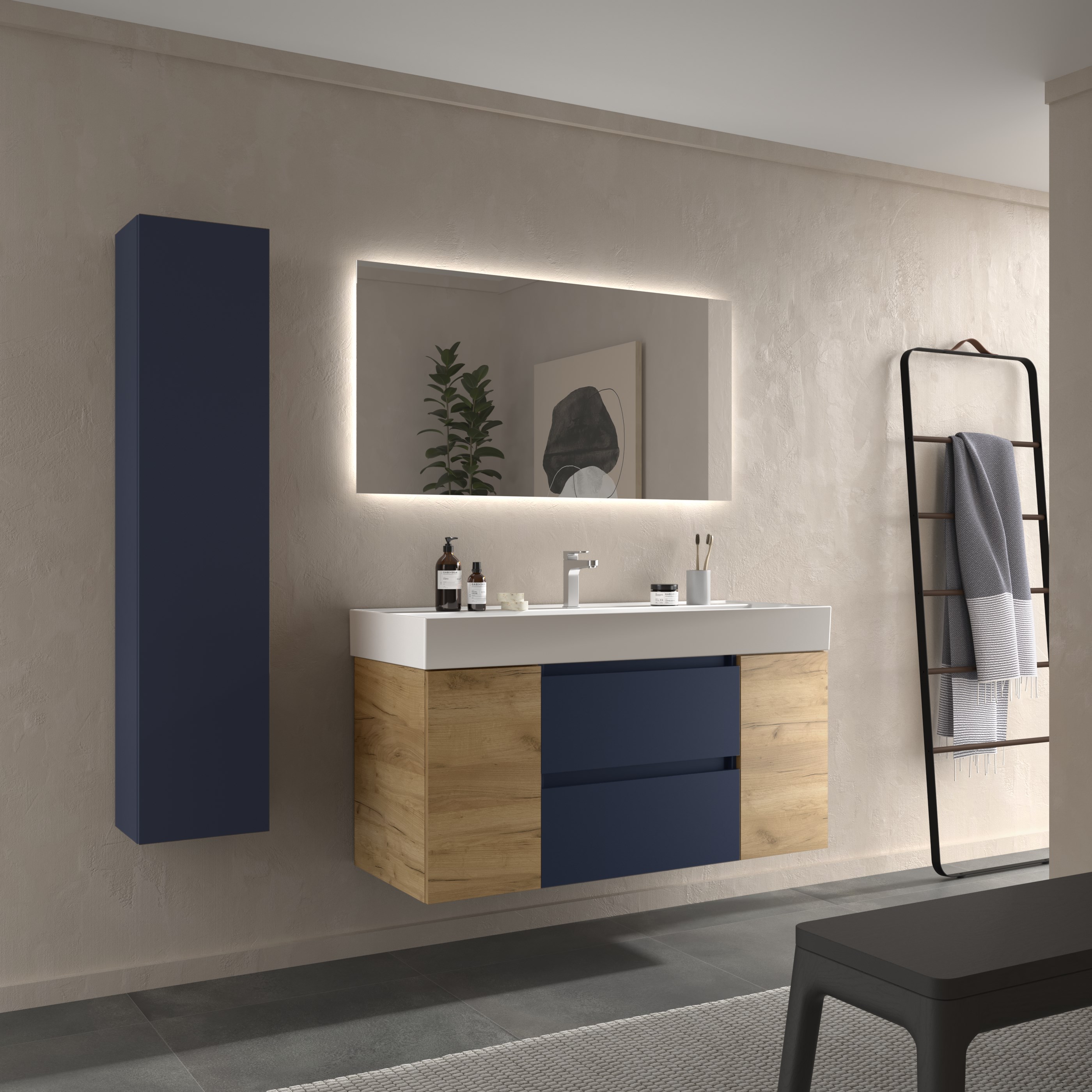 Imagen 3 de Mueble de baño Bequia + Lavabo Roma + 2 coqueta de 1 puerta - Azul / Madera 120 cm Azul / Madera