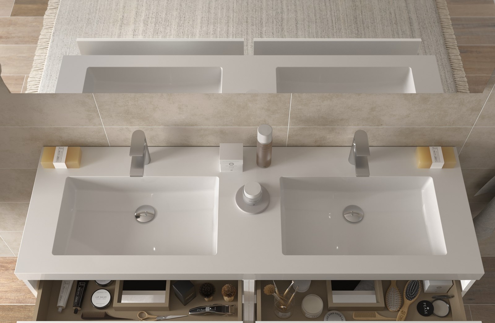 Imagen 4 de Mueble de baño con 4 cajones y lavabo Toscana de 2 pozas Bequia Salgar - Natural 140 cm Natural
