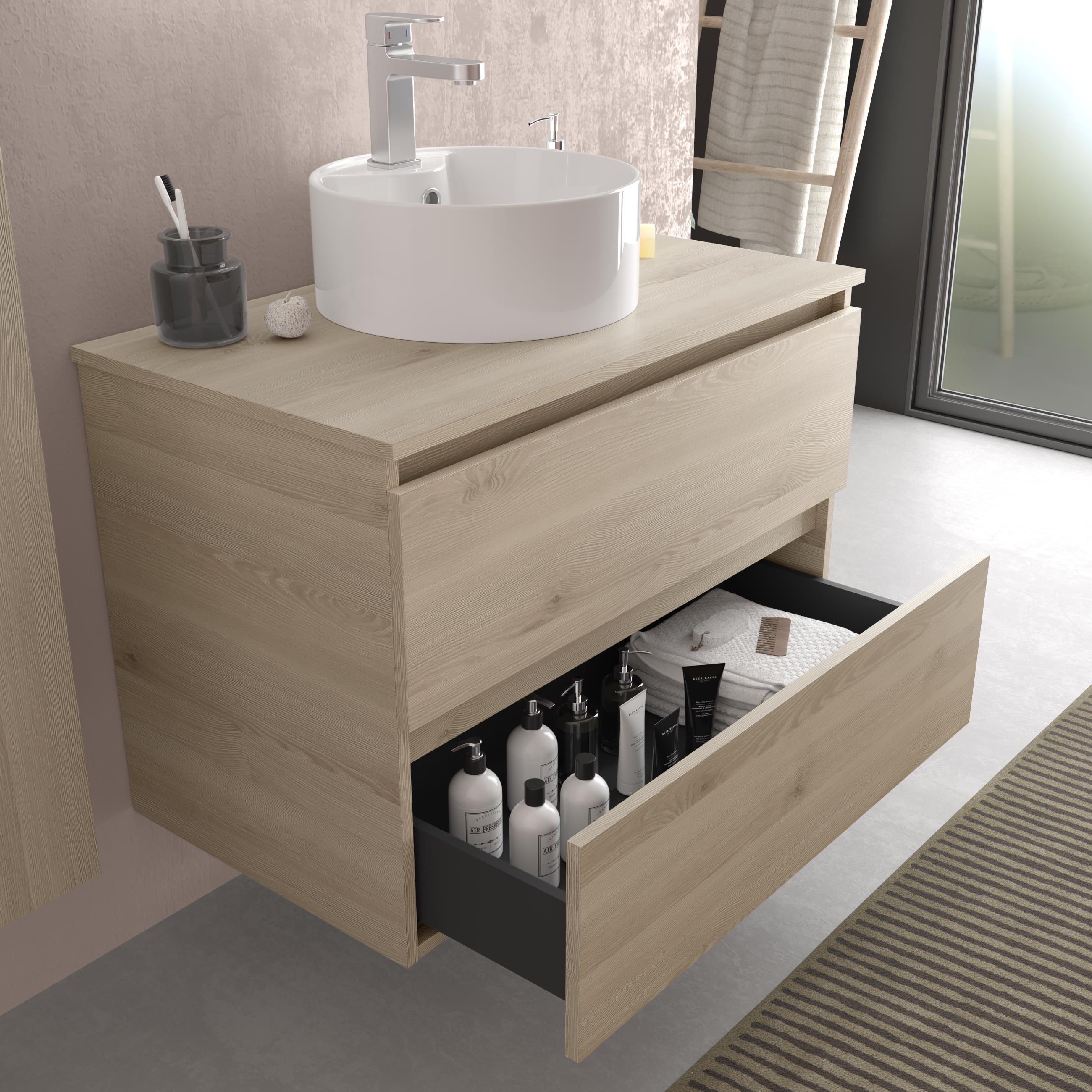 Imagen 3 de Mueble de baño con 2 cajones y lavabo sobre encimera de 1 poza Bequia Salgar - Natural 60 cm Natural