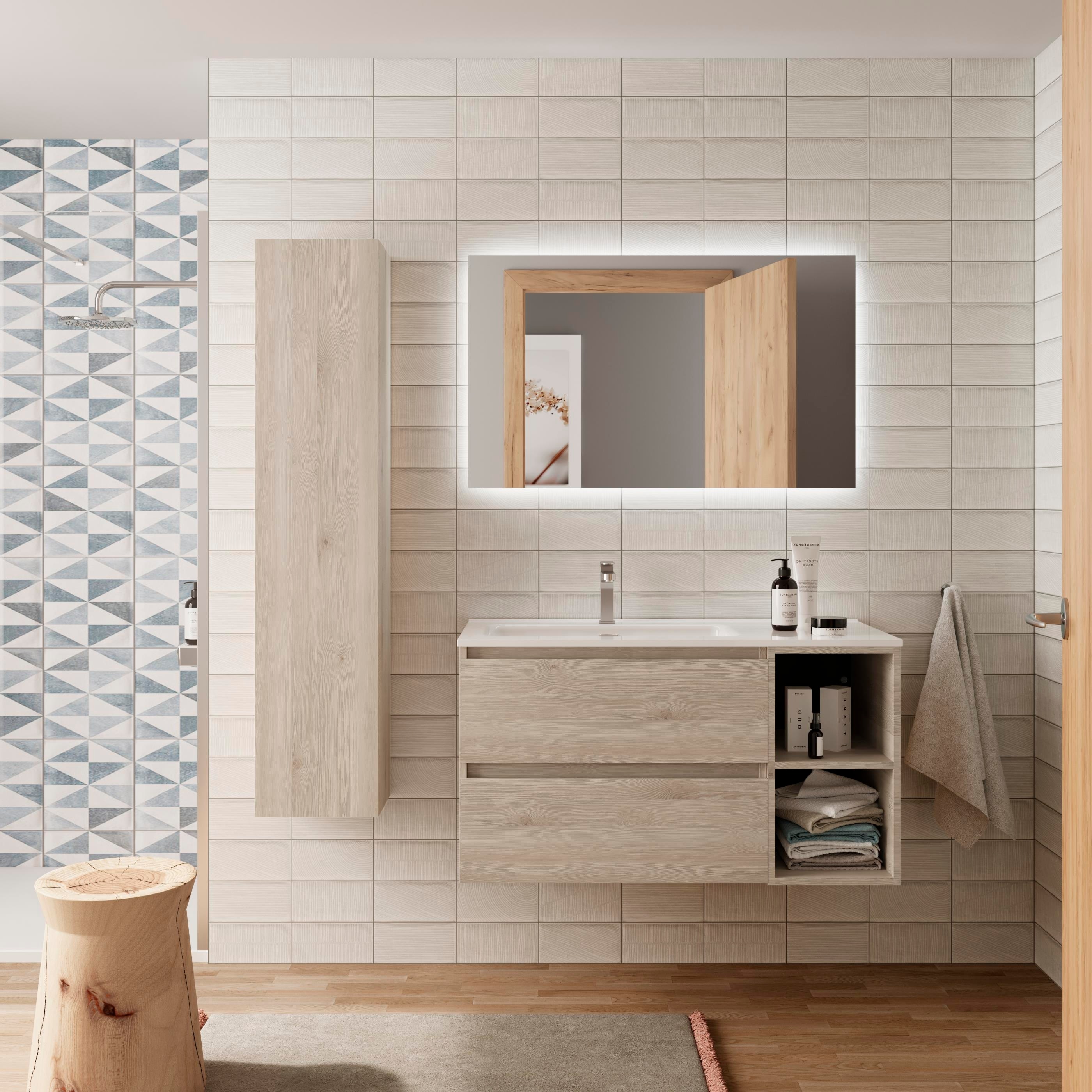Imagen 2 de Mueble de baño con 2 cajones con 2 huecos y lavabo de 1 poza grifo izquierda Bequia Plus Salgar - Natural 90 cm Natural