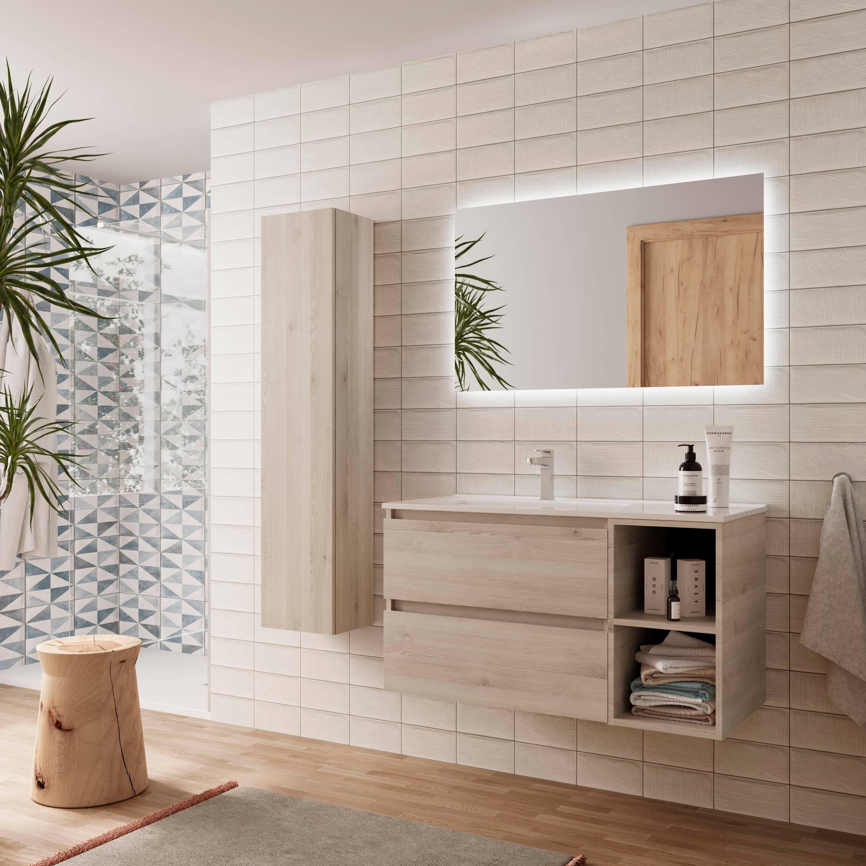 Imagen 3 de Mueble de baño con 2 cajones con 2 huecos y lavabo de 1 poza grifo izquierda Bequia Plus Salgar - Natural 90 cm Natural