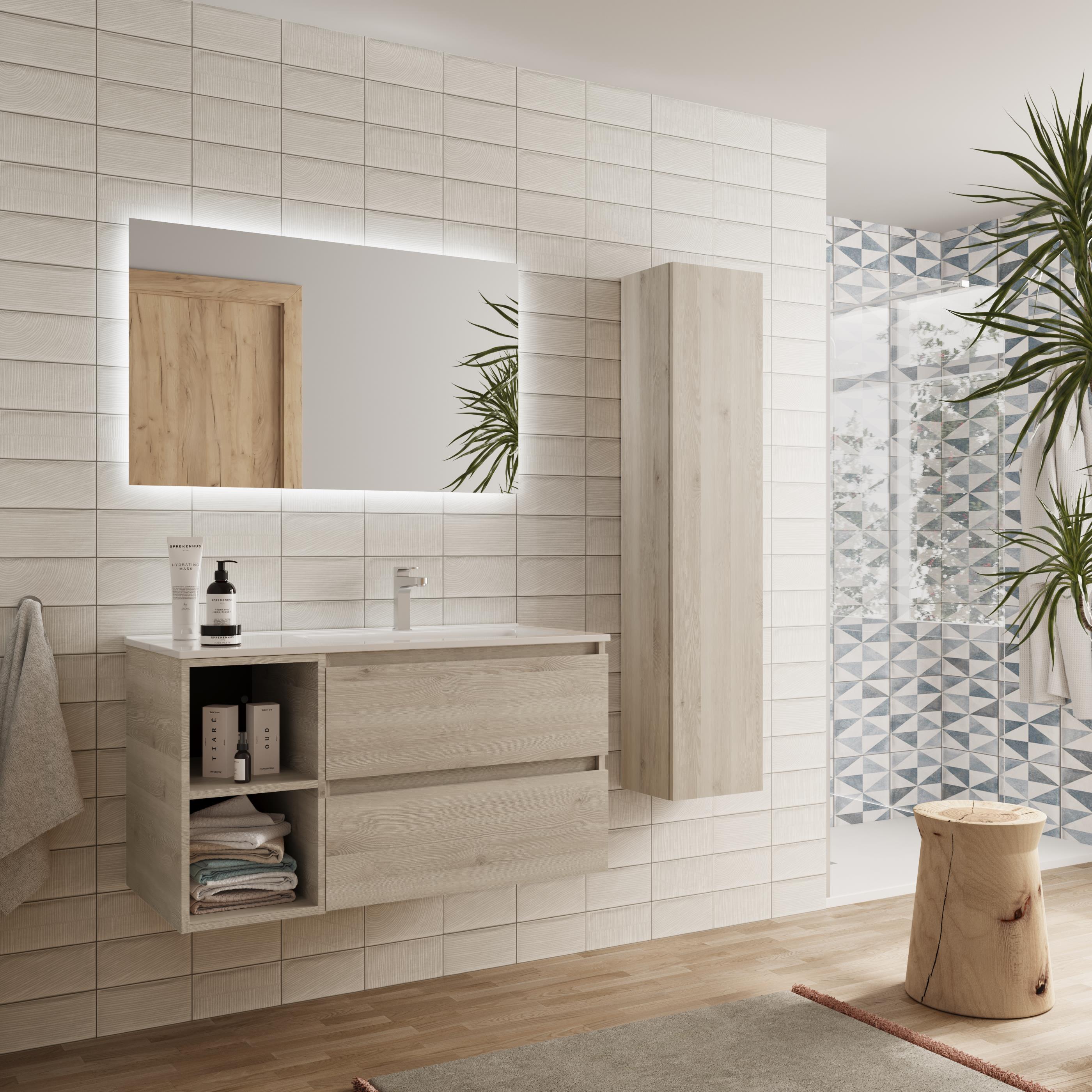Imagen 2 de Mueble de baño con 2 cajones con 2 huecos y lavabo de 1 poza grifo derecha Bequia Plus Salgar - Natural 100 cm Natural