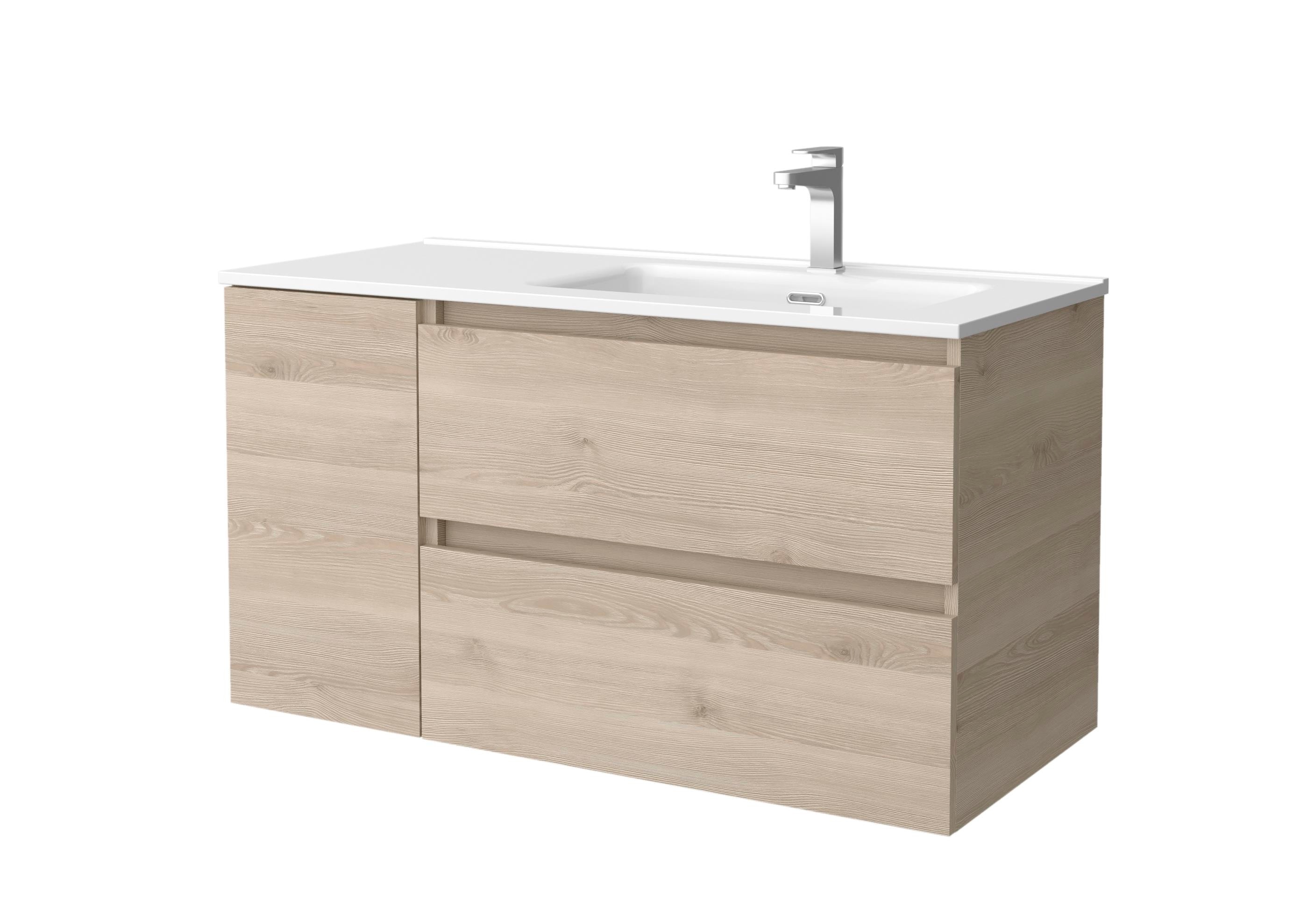 Imagen 1 de Mueble de baño con 2 cajones con 1 puerta y lavabo de 1 poza grifo derecha Bequia Plus Salgar - Natural 90 cm Natural