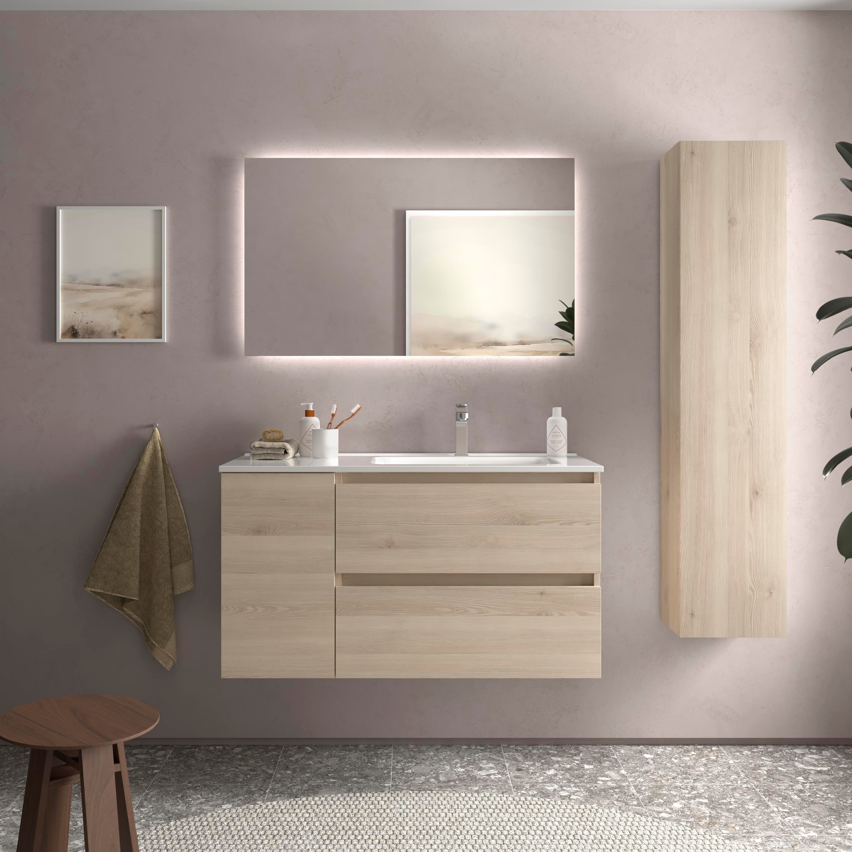 Imagen 2 de Mueble de baño con 2 cajones con 1 puerta y lavabo de 1 poza grifo derecha Bequia Plus Salgar - Natural 90 cm Natural