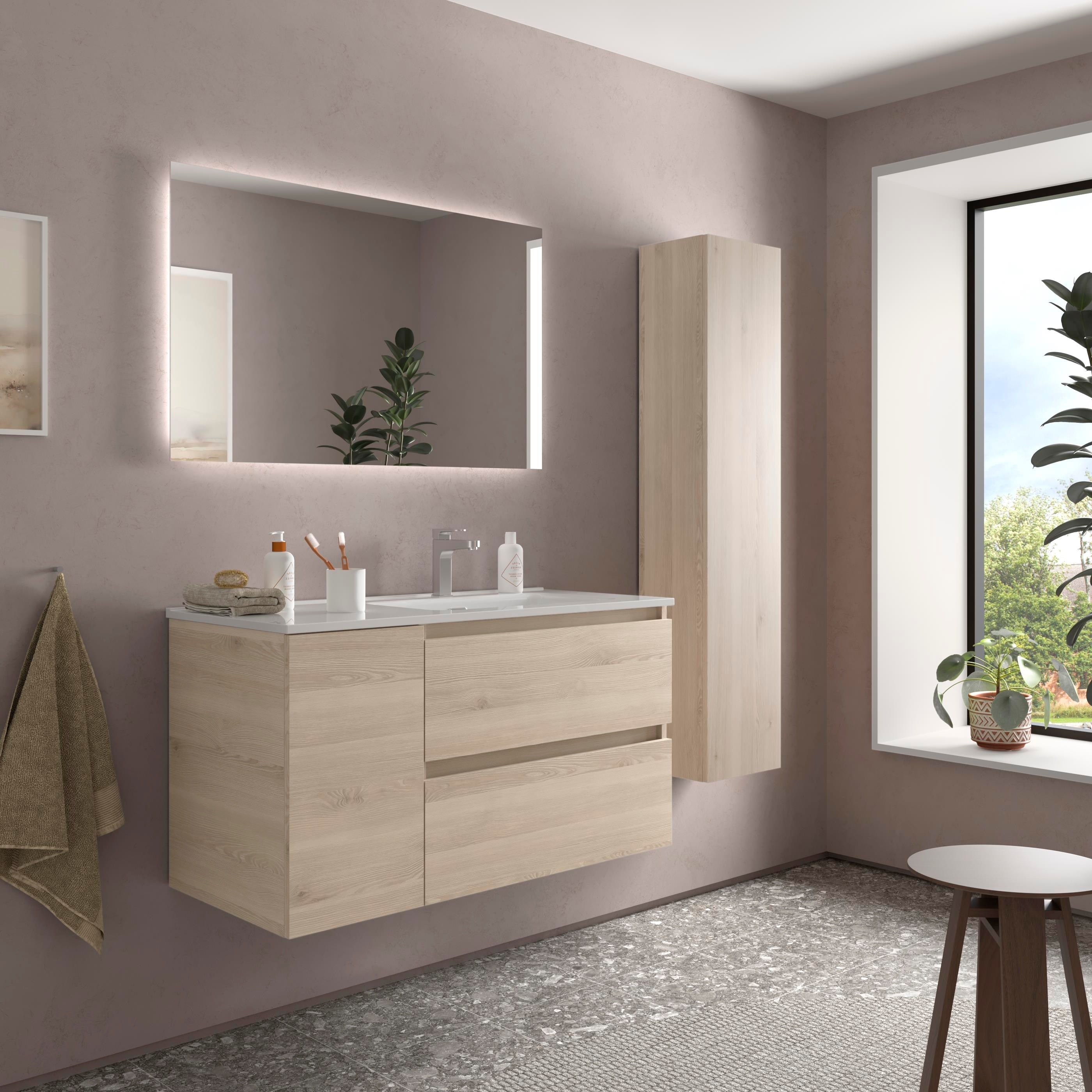 Imagen 3 de Mueble de baño con 2 cajones con 1 puerta y lavabo de 1 poza grifo derecha Bequia Plus Salgar - Natural 90 cm Natural