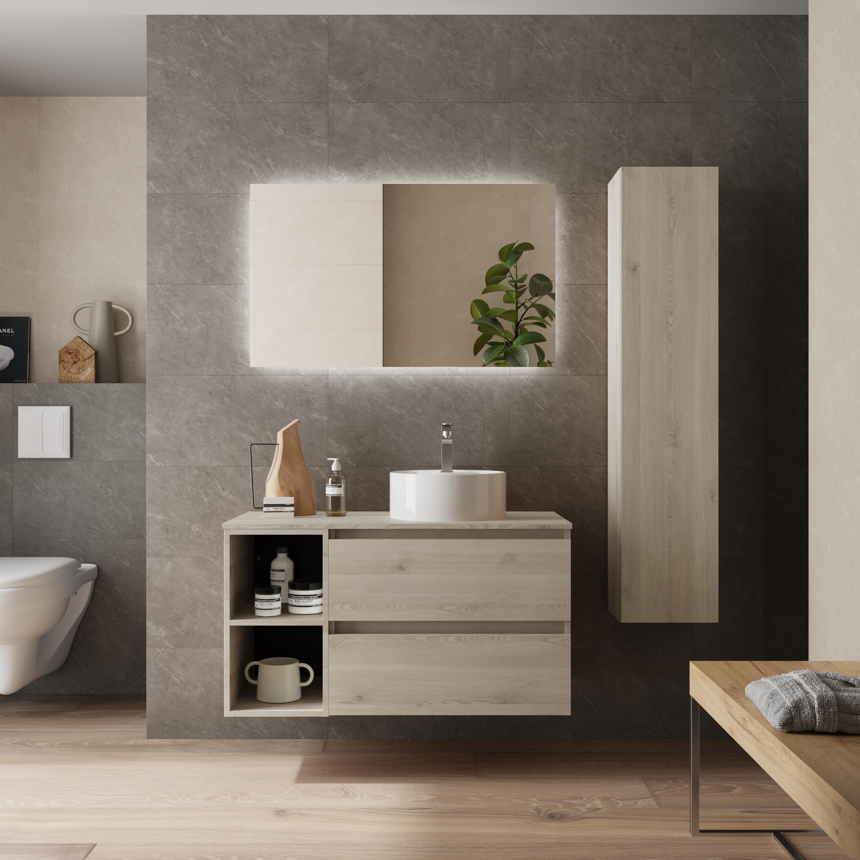 Imagen 2 de Mueble de baño con 2 cajones con 2 huecos y lavabo sobre encimera de 1 poza lado reversible Bequia Plus Salgar - Natural 90 cm Natural